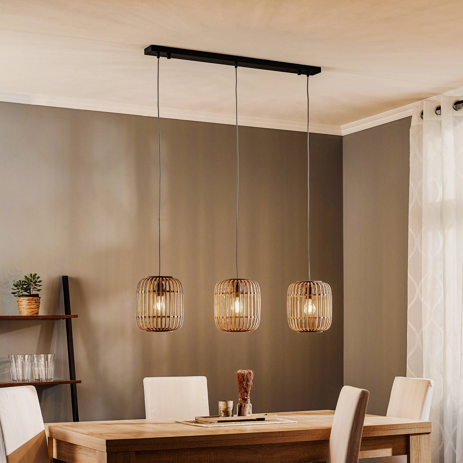 Lampa wisząca Malacca drewniany klosz 3-punktowa