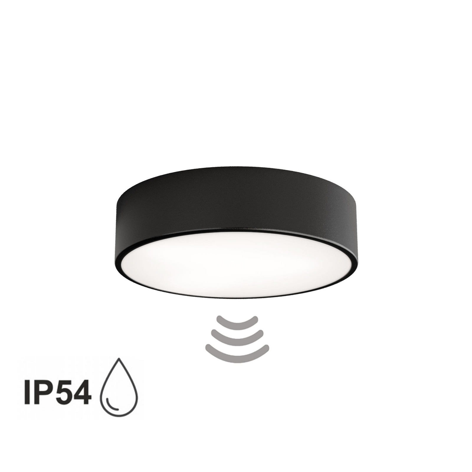 Deckenlampe Cleo 300, schwarz, Sensor, IP54, Ø 30 cm, Metall