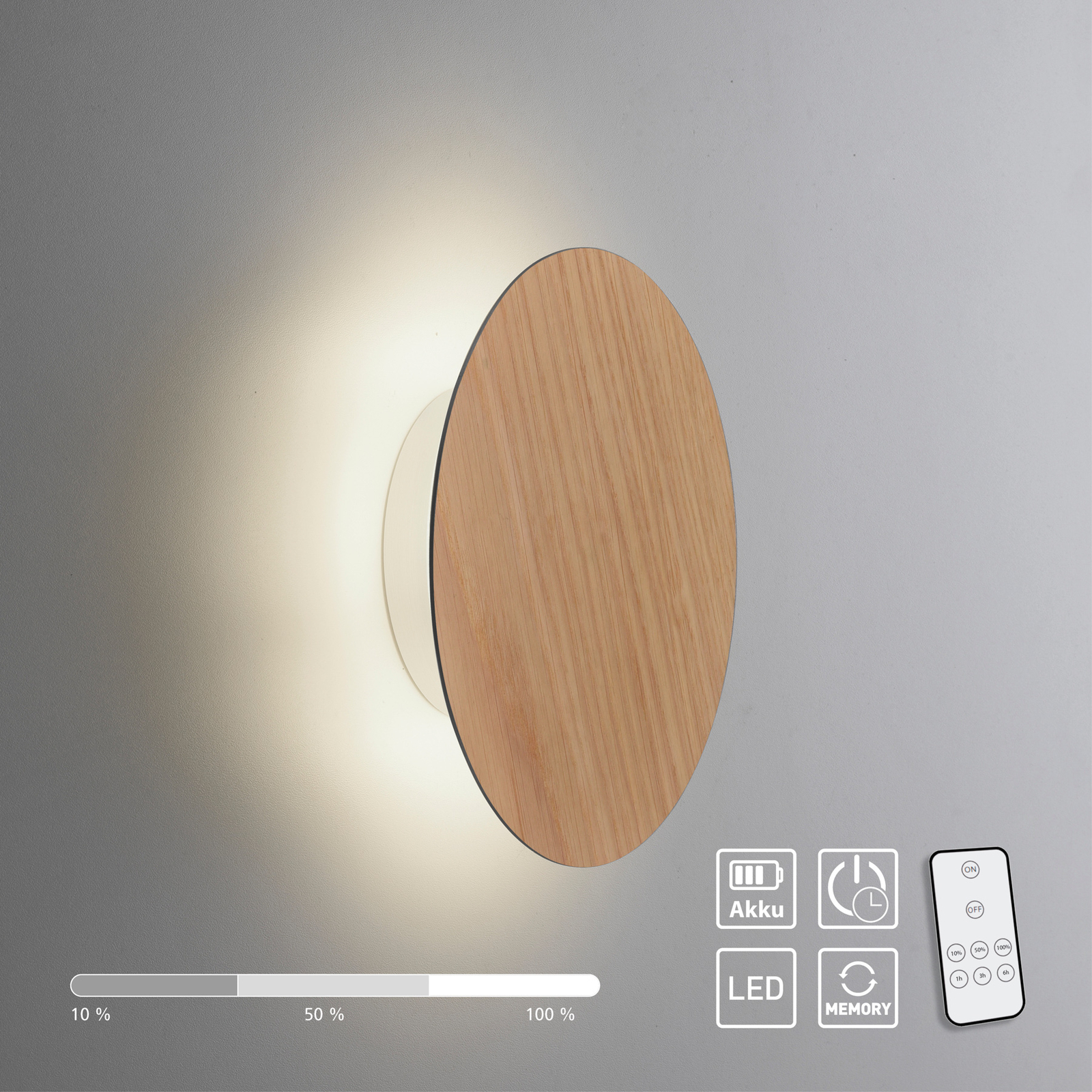 LED nástenné svietidlo na batérie Puntua Ø 18 cm vzhľad dreva