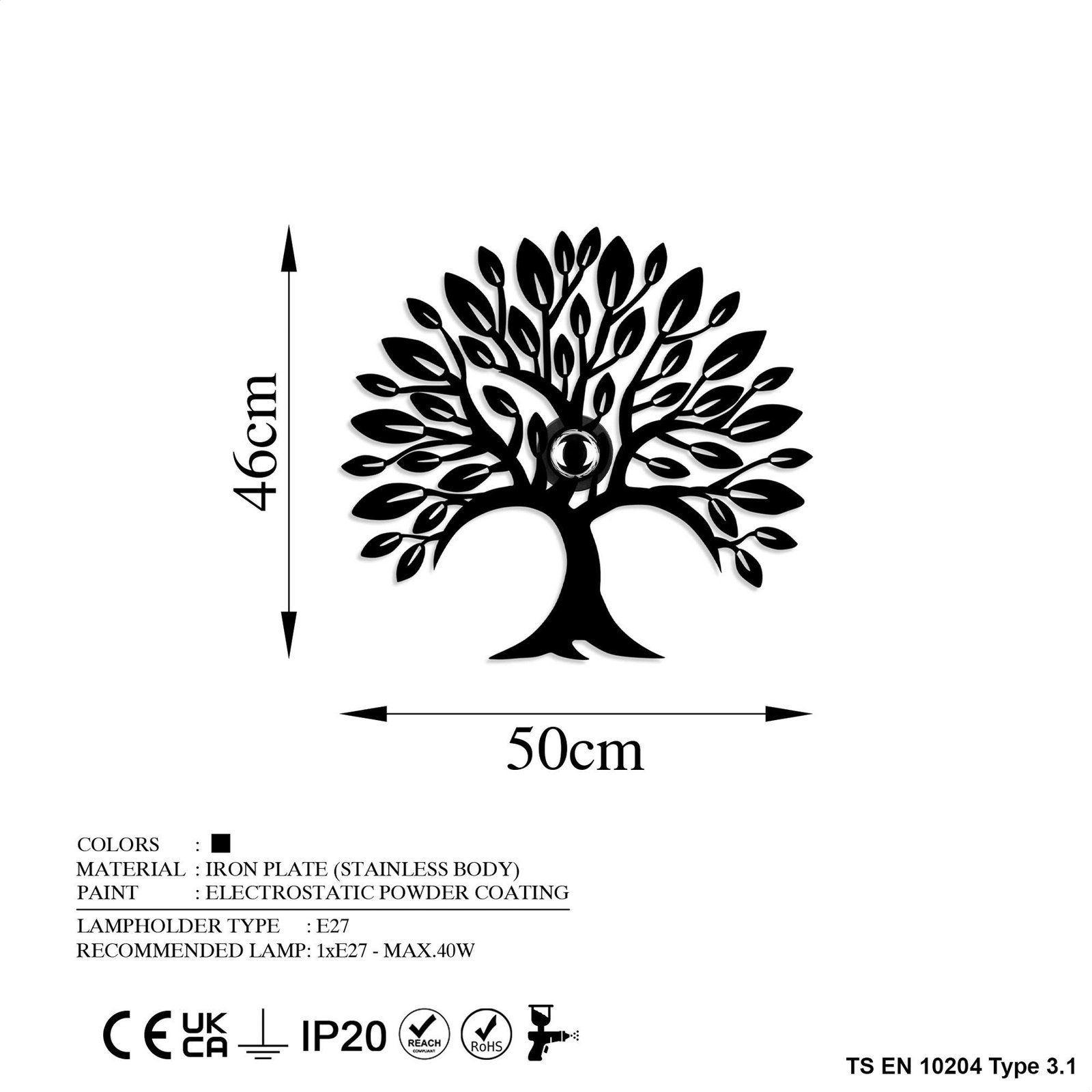 Nástěnné svítidlo Heart Tree V2, černá barva, kov, zástrčka, vypínač