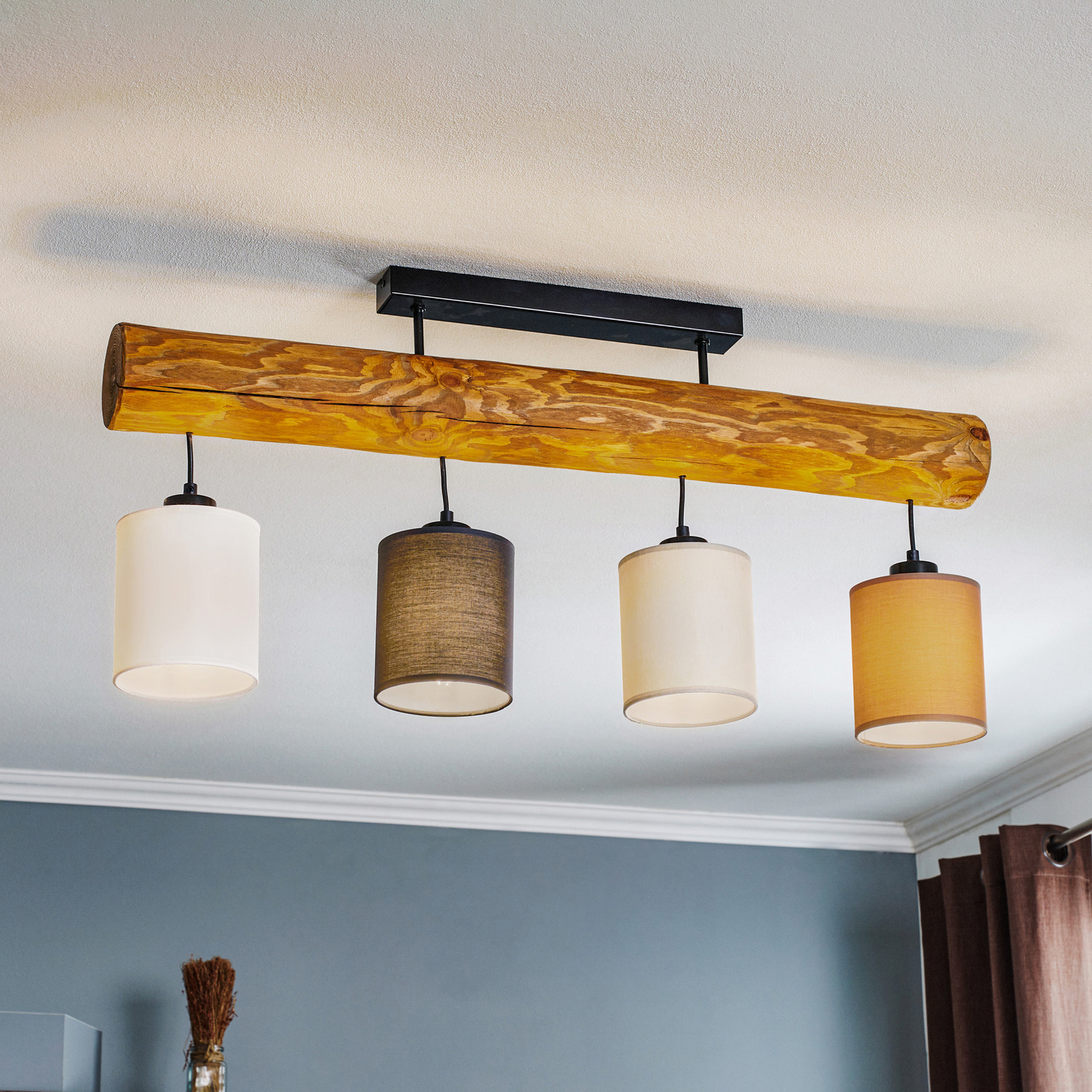 Sachiko ceiling lamp, wood, 4 fabric lampshades