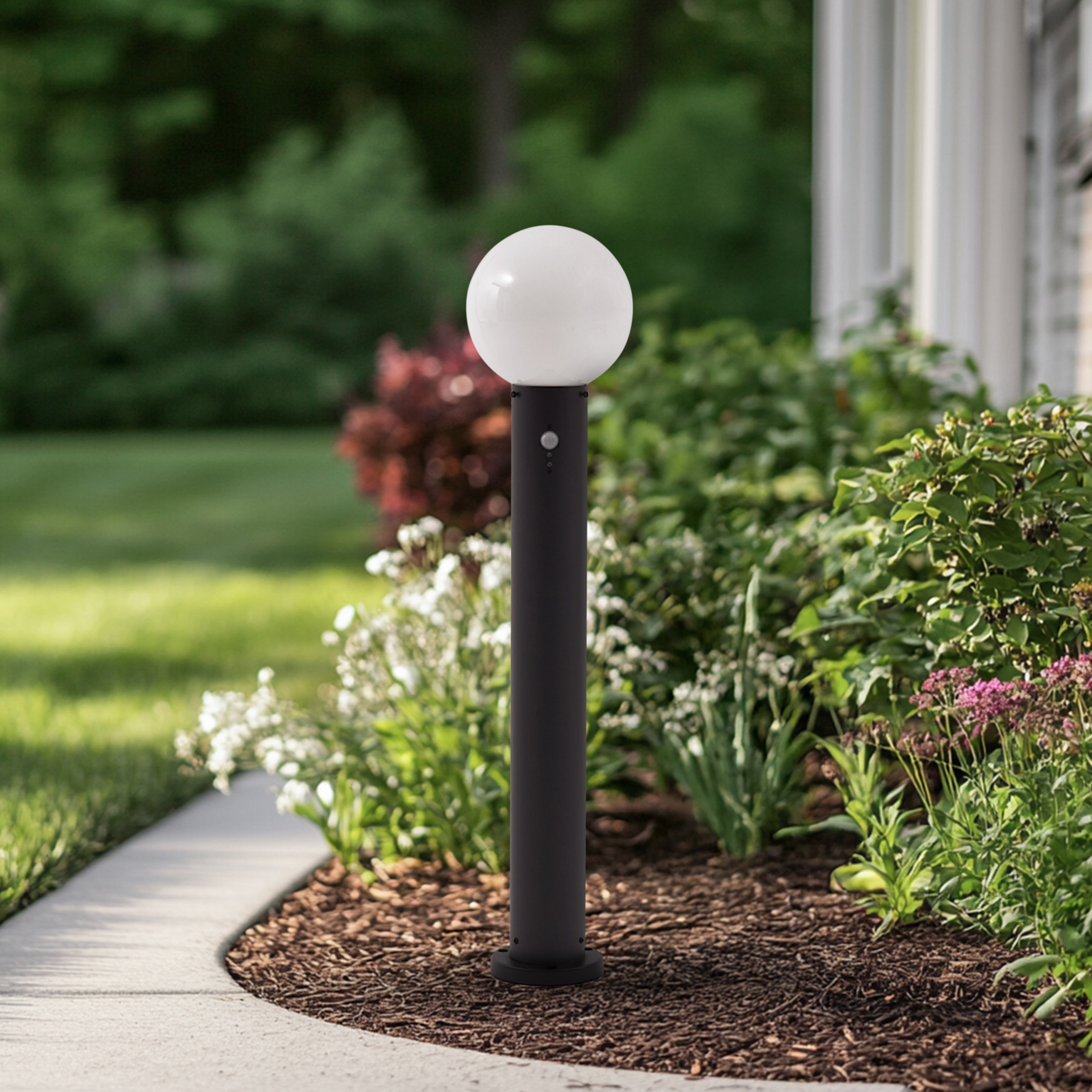 Lindby bolardo luminoso Dangan, blanco, 90 cm, cristal, sensor