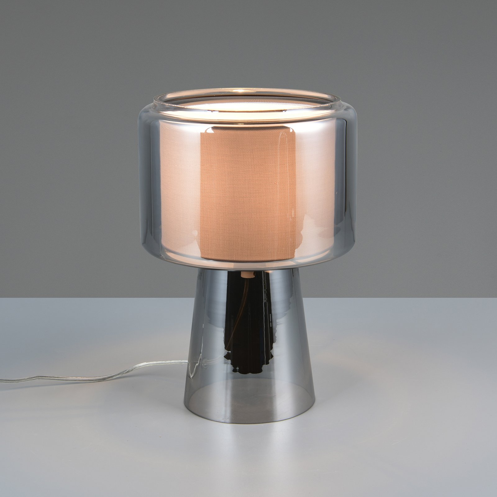 Lampada da tavolo Rocka, cromata, altezza 29 cm, vetro/tessuto Lampada da tavolo Rocka, cromata, altezza 29 cm, vetro/tessuto