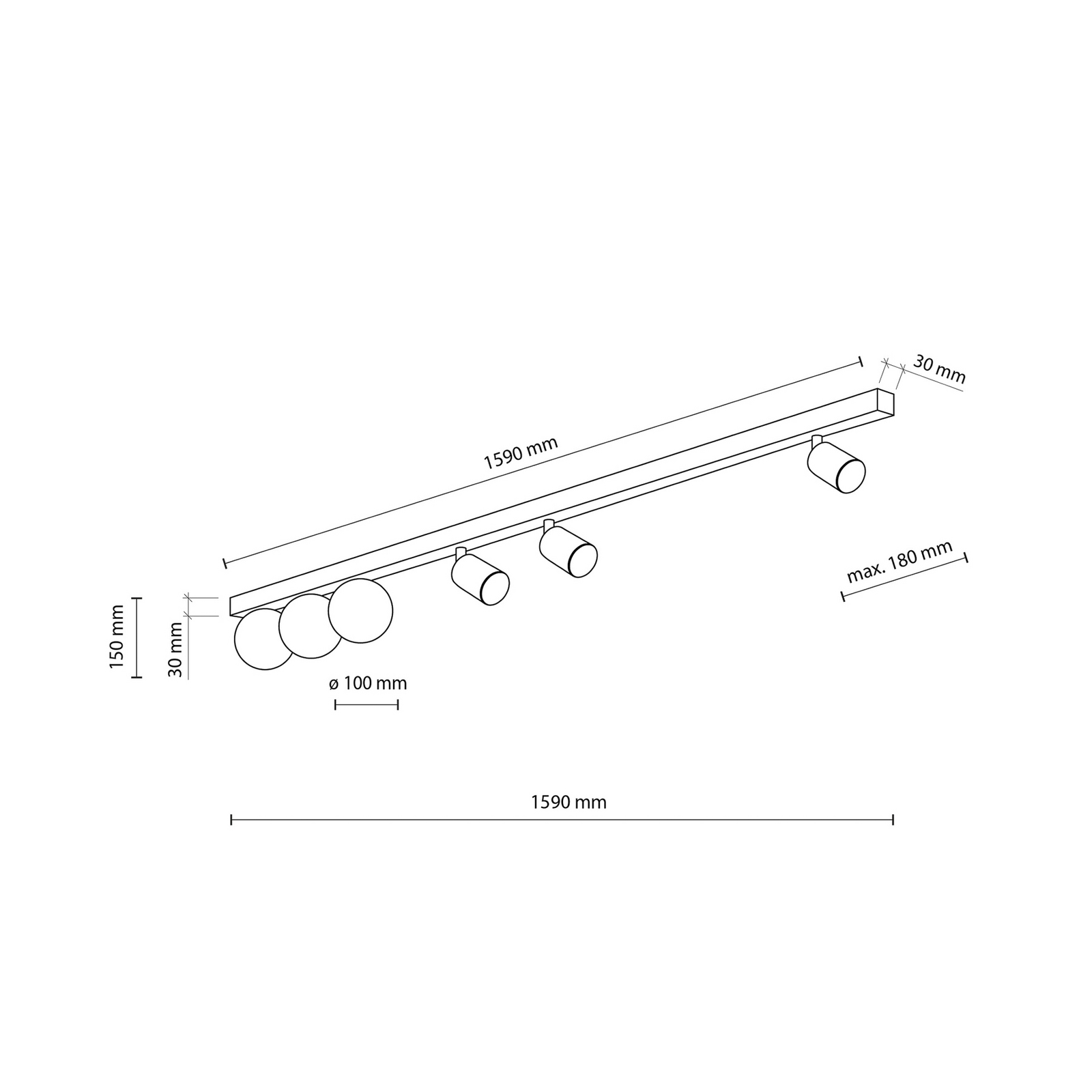 Plafonnier Vox, à 6 lampes, verre, noir, longueur 159 cm Plafonnier Vox, à 6 lampes, verre, noir, longueur 159 cm