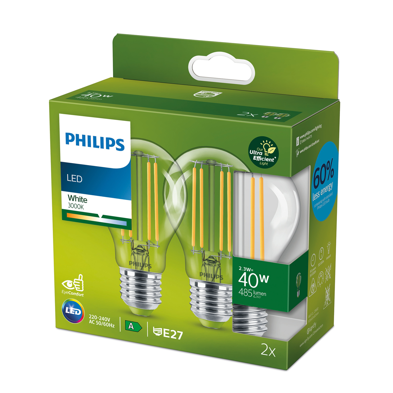 Philips LED-Lampe E27 A60 2,3W 485lm 3.000K 2er