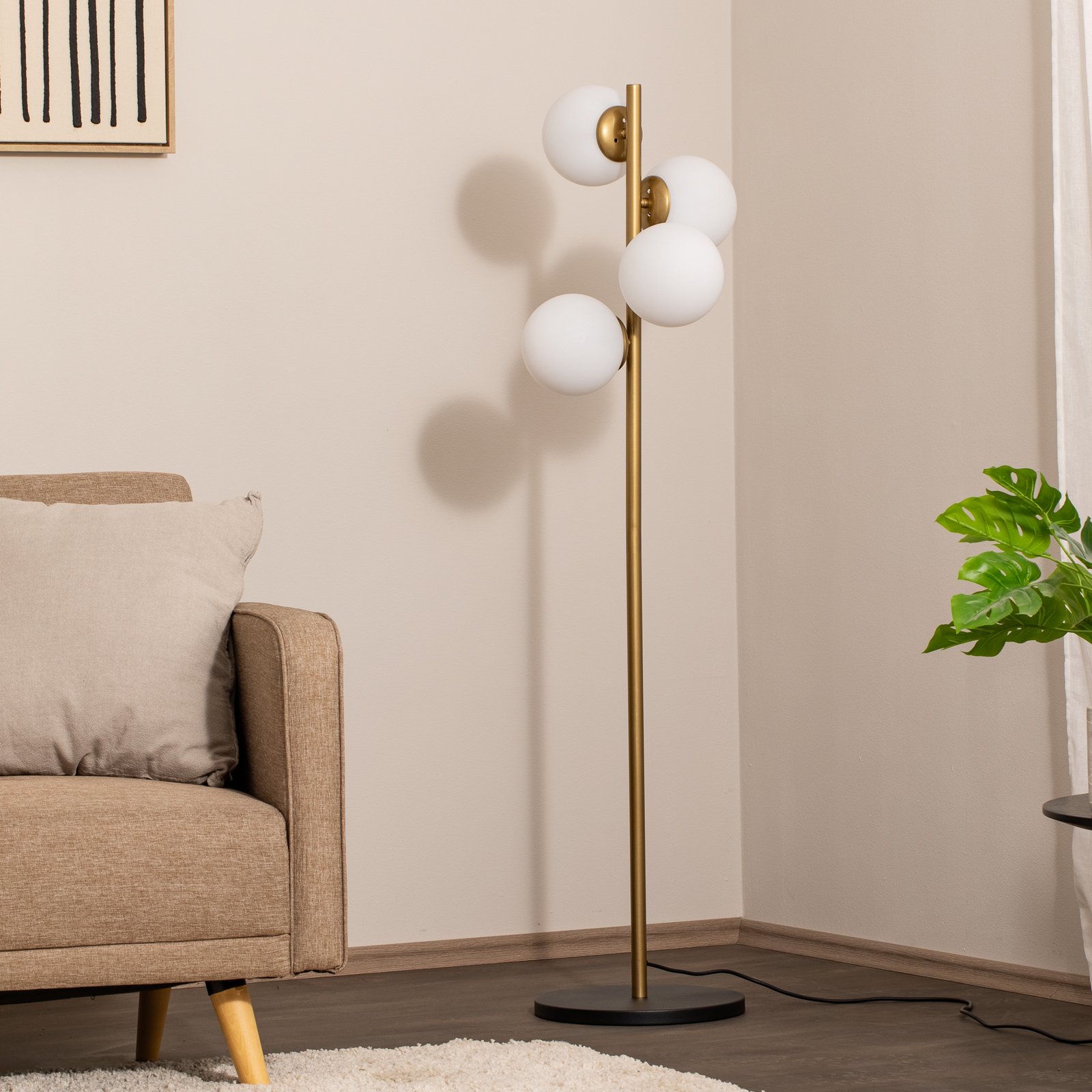 Lampe sur pied Faze, dorée, verre, 130 cm, à 4 lampes, E27