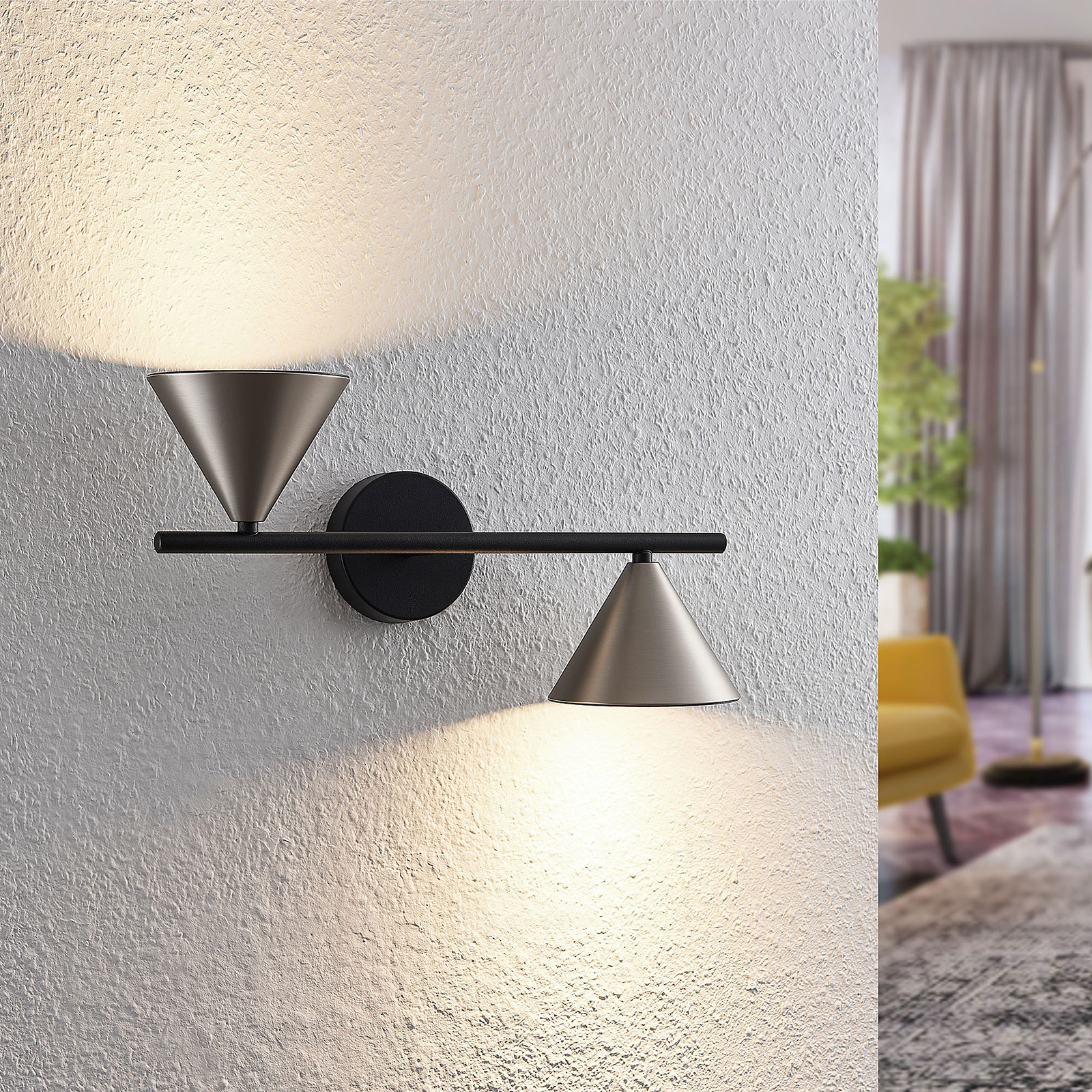 Lucande Kartio wall light, 2-bulb, up down, nickel, for Living / Dining Room, iron, GU10, 35 W, energy efficiency: A++, W: 41.8 cm, H: 20.8 cm
