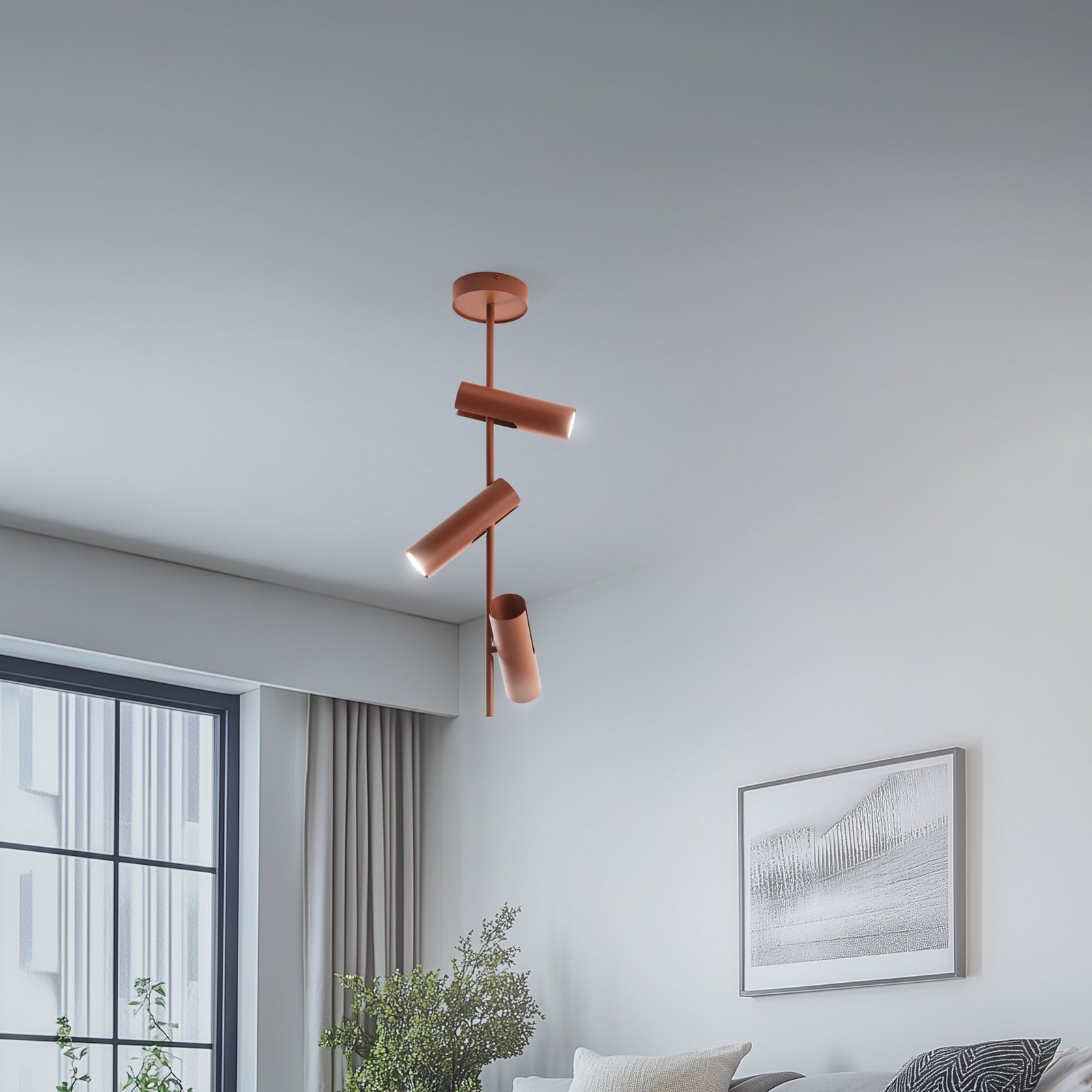 Faretto da soffitto Leda 3, rosso mattone, a 3 luci, acciaio, altezza 76 cm