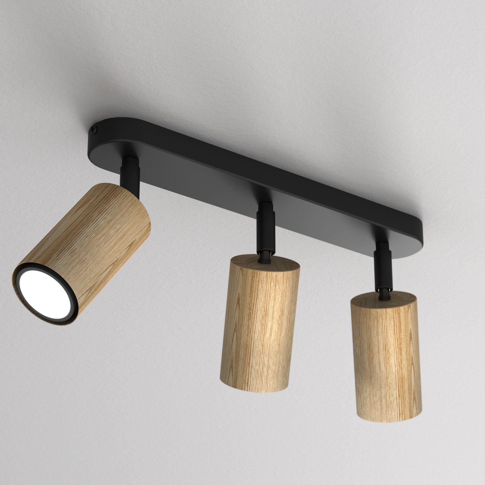 Plafonnier Nise, 3 lampes, allongé, acier noir, bois