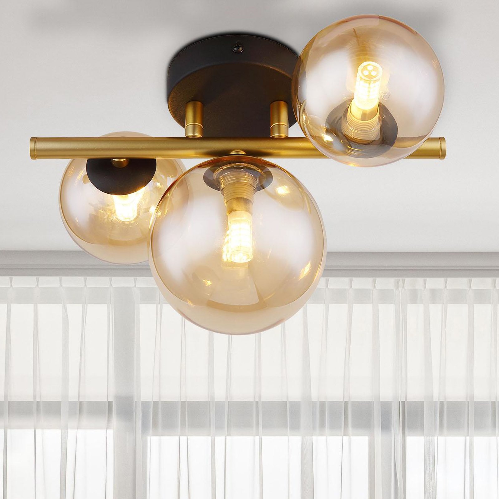 Riha plafondlamp amber, lengte 28,5 cm, 3-lamps, glas