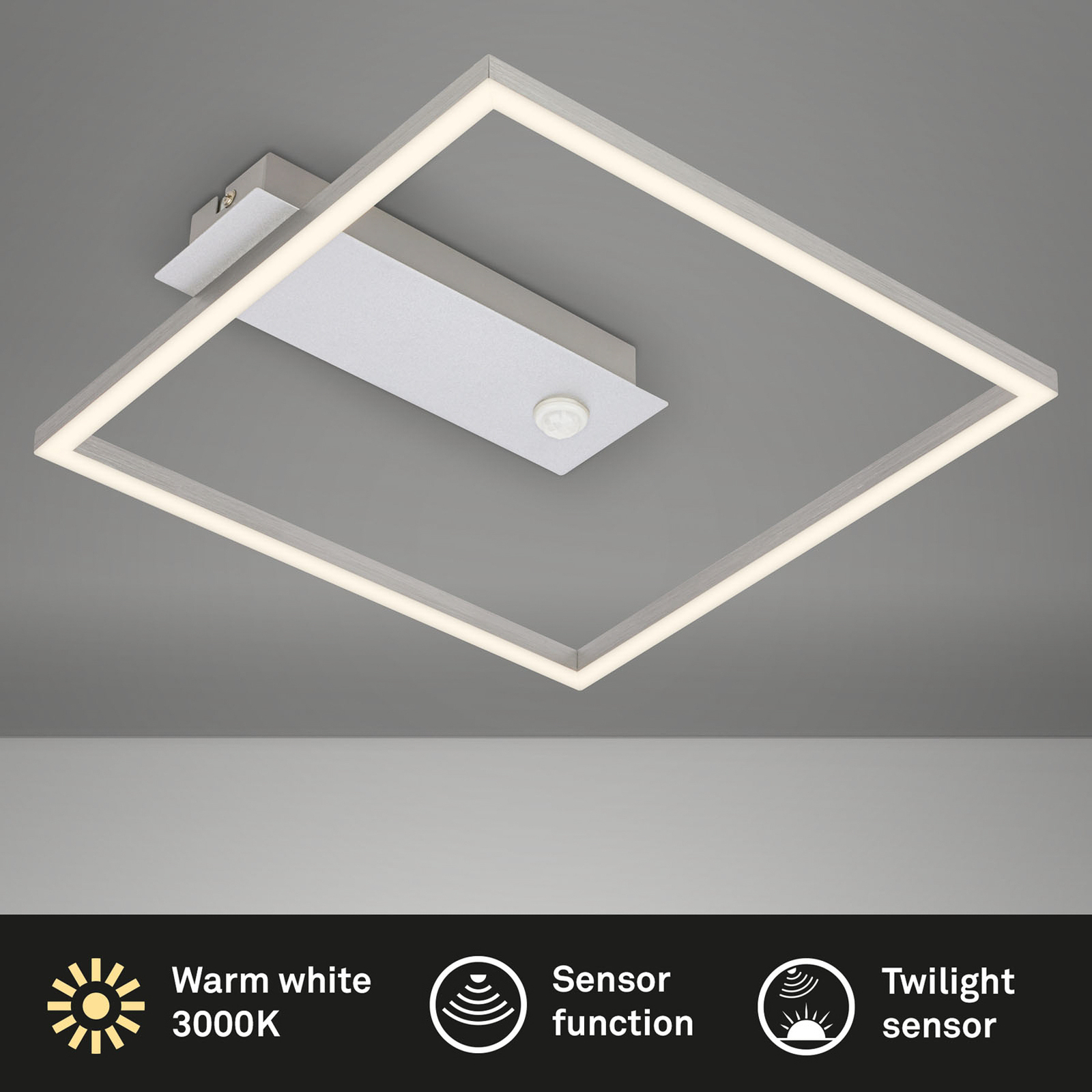 LED stropní světlo Nici, senzor, čtvercové, hliník