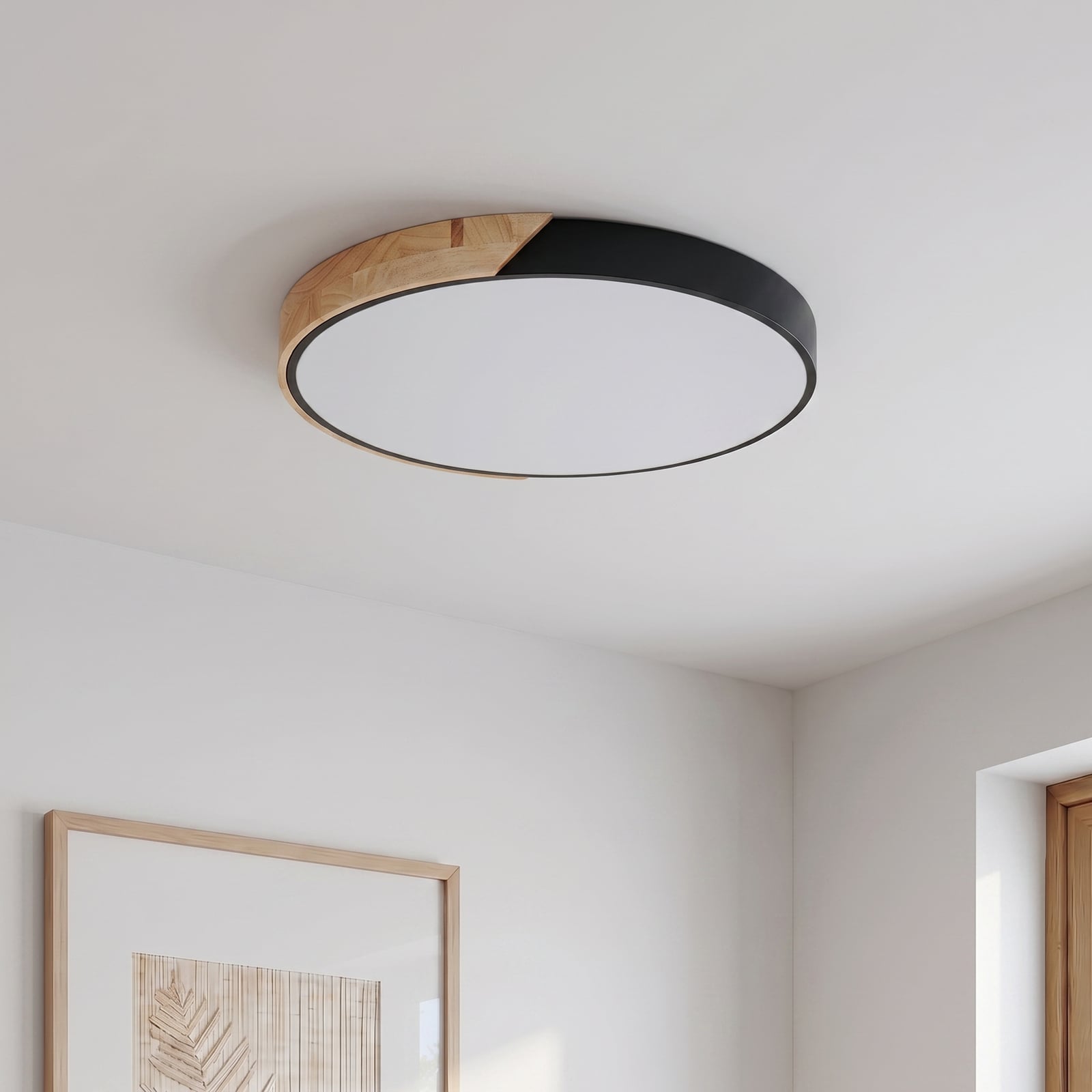 Plafón LED Lynorri de PRIOS, Ø 52 cm, negro, acabado en madera Plafón LED Lynorri de PRIOS, Ø 52 cm, negro, acabado en madera