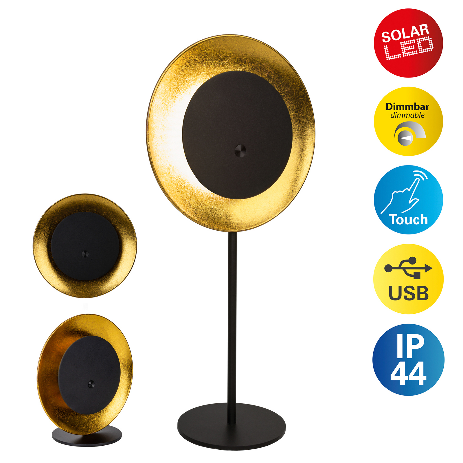 LED-Akku-Tischleuchte Solan, μαύρο/χρυσό, ηλιακό, IP54 LED-Akku-Tischleuchte Solan, μαύρο/χρυσό, ηλιακό, IP54