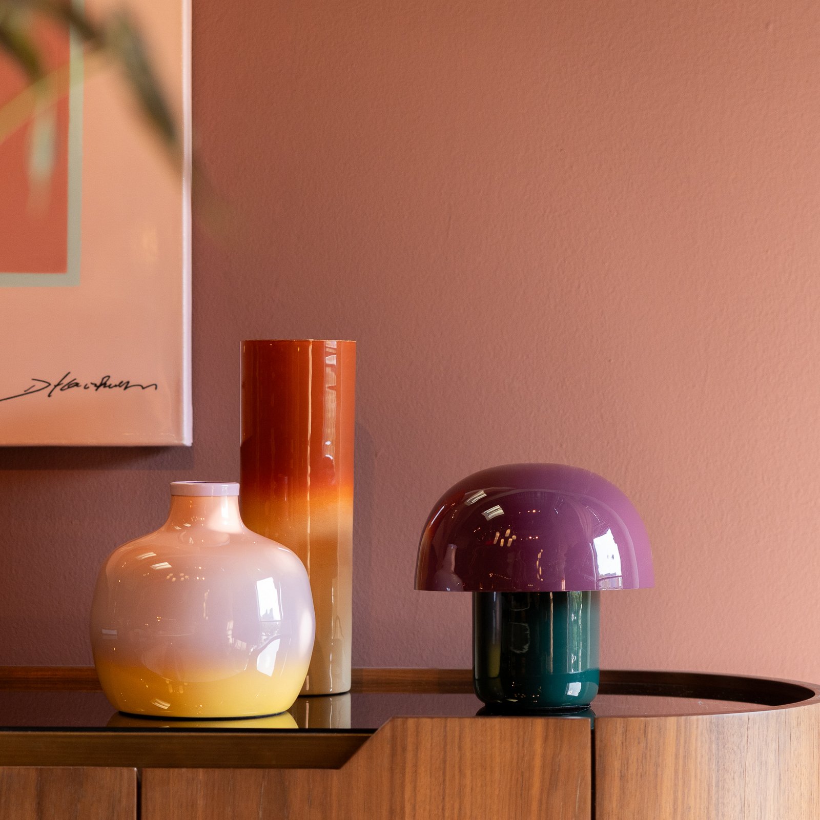 Kare galda lampa Mushroom, violeta/zaļa, metāls, 20 cm, E14