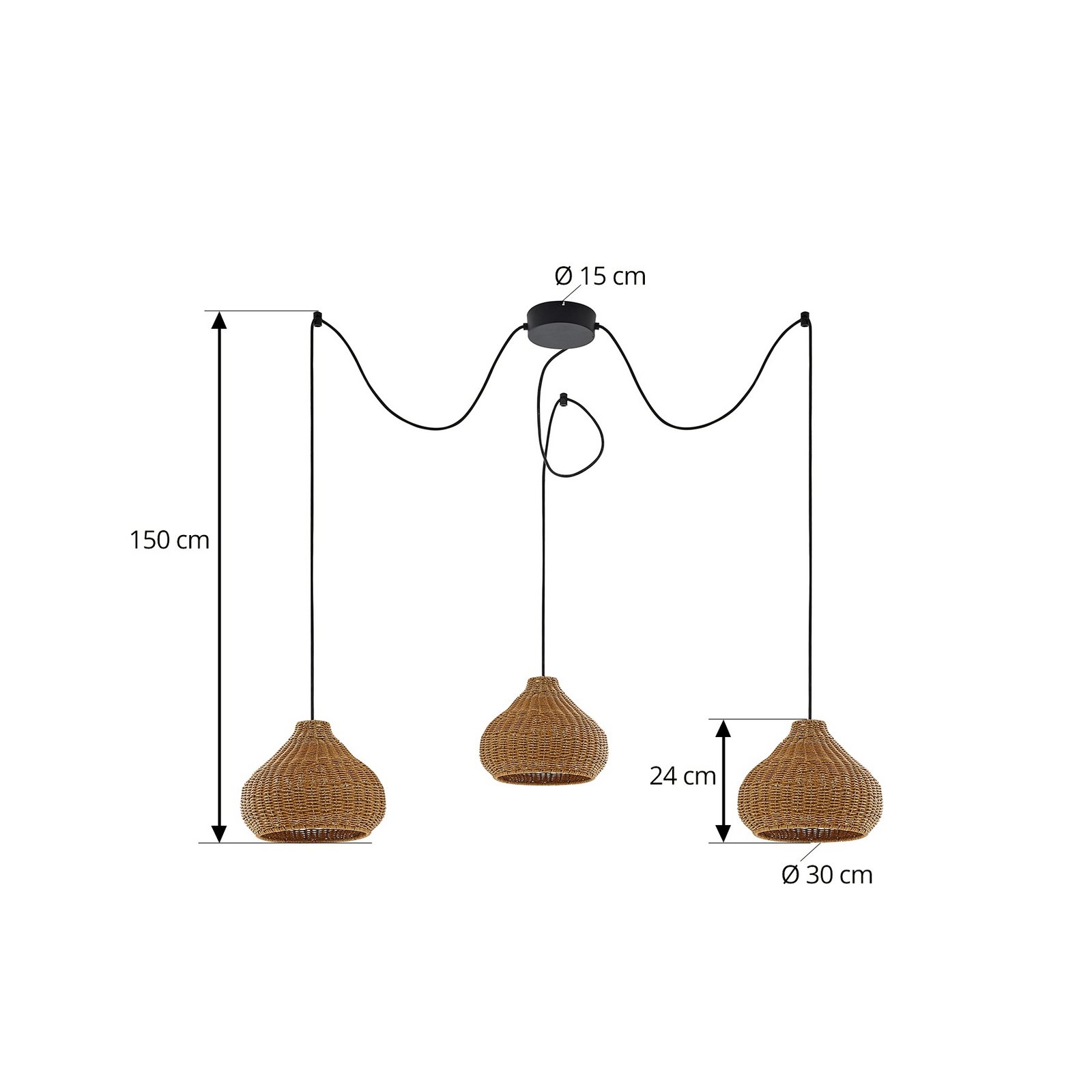 Lucande outdoor hanging light Taniola, 3-bulb, beige, rattan