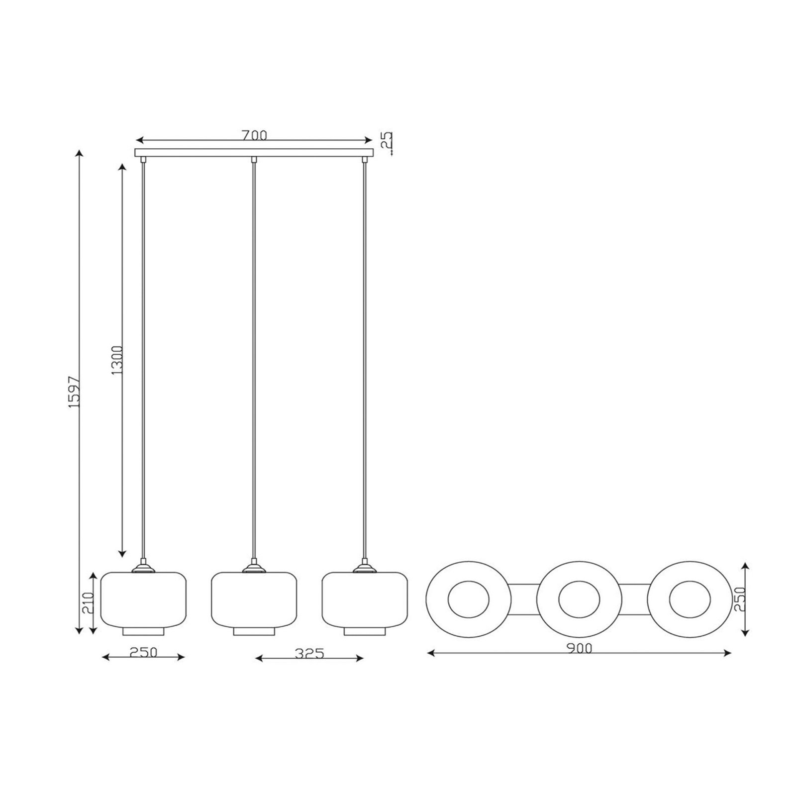 Medine hanglamp, opaal, hoekig, glas, 3-lamps, E27