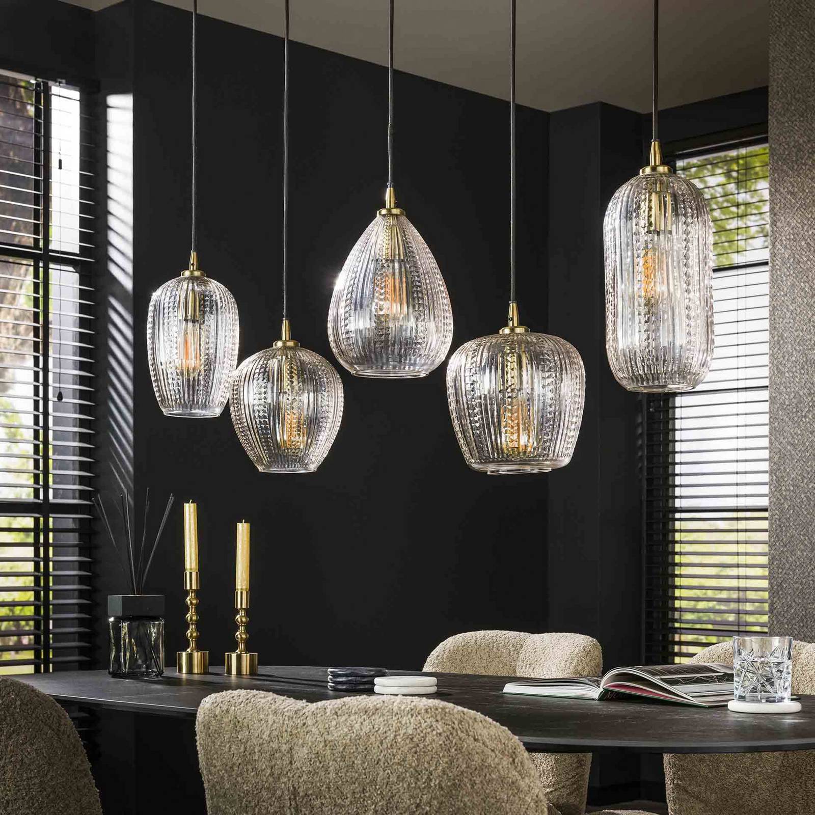 Lampa wisząca Riffleglass mix, 5-punktowa, szkło, przezroczysty, antracytowy