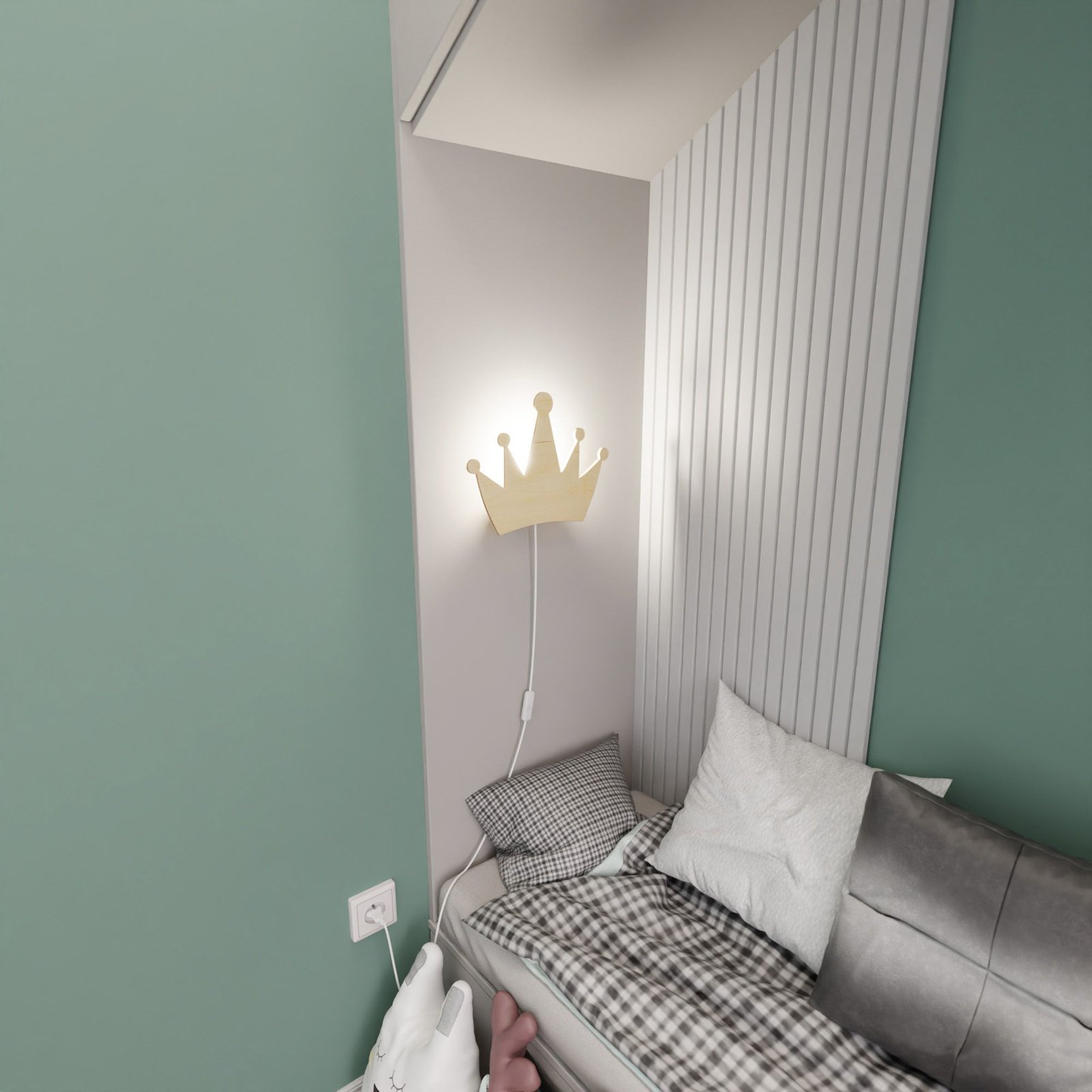 Queen wall light, made of wood, with plug and switch