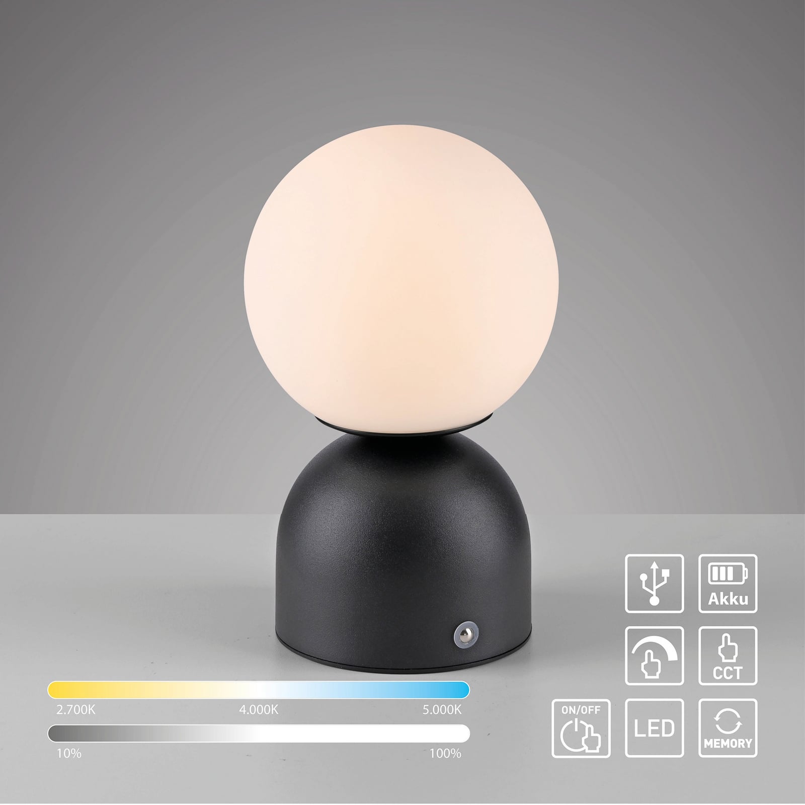 LED-akutoitel laualamp RUDI, must, kõrgus 20 cm, CCT, puutetundlik hämardus