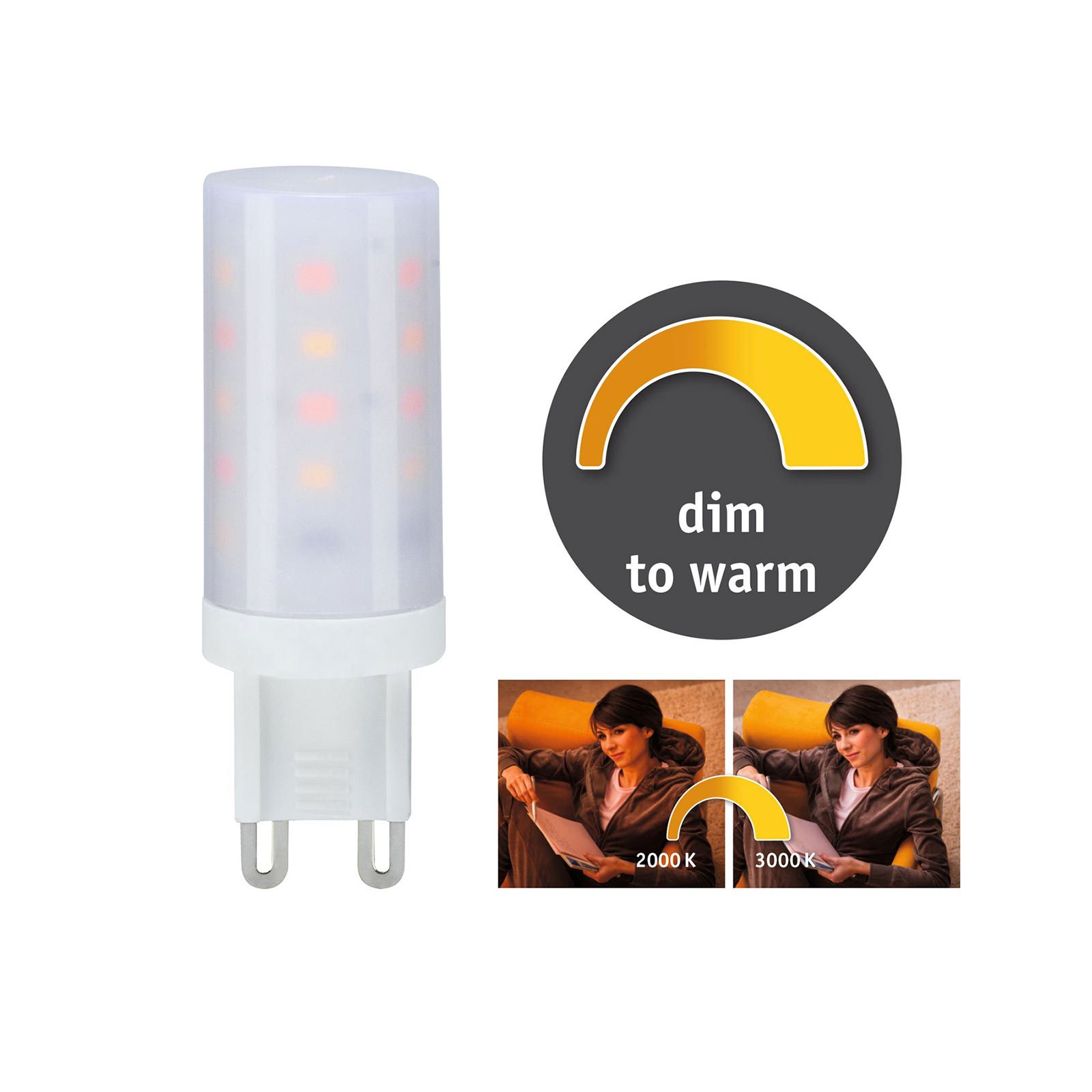 Paulmann bi-pin LED bulb G9 4W 3,000K dim to warm