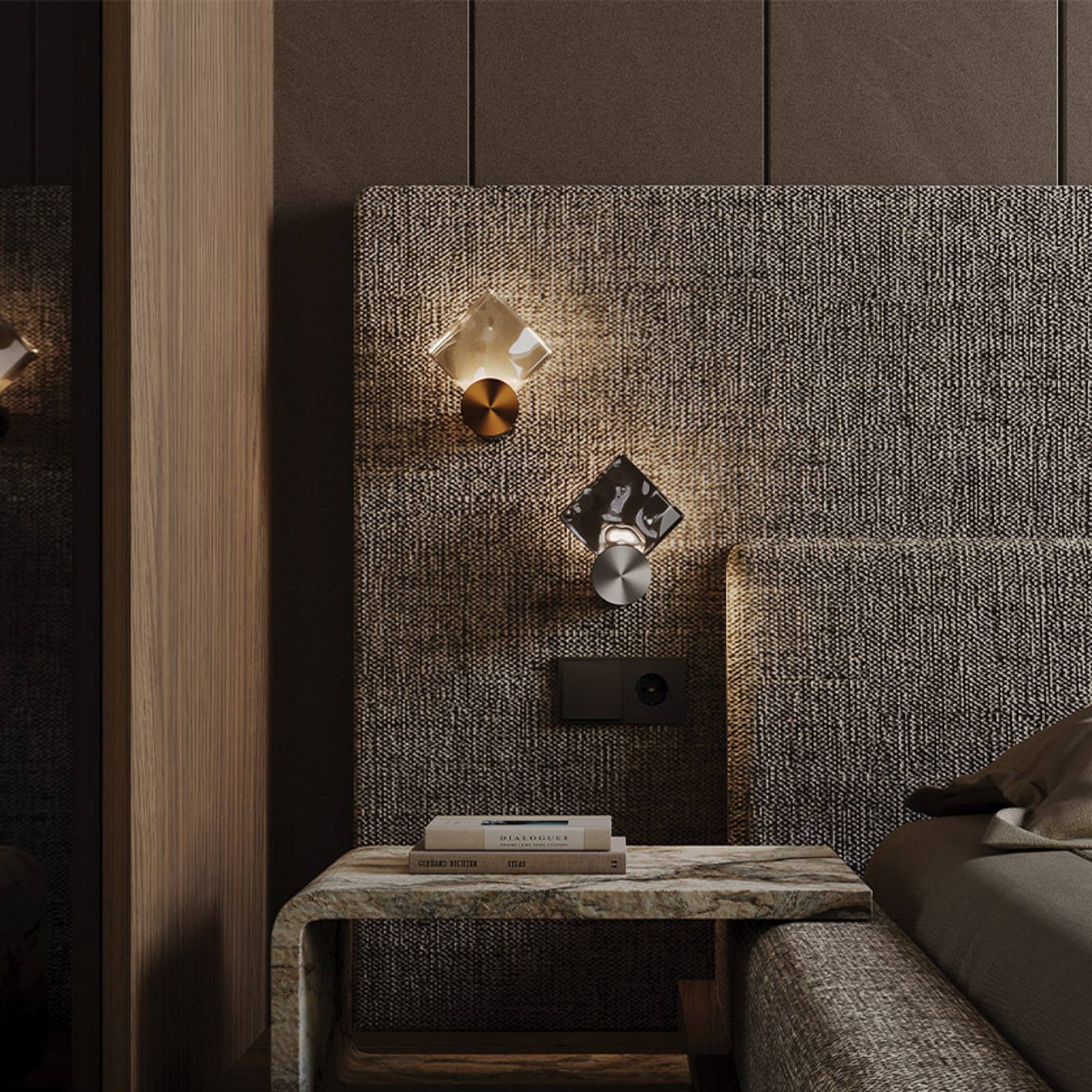 Kinkiet LED Quadro, miedź, szkło, 3000 K, wysokość 18 cm
