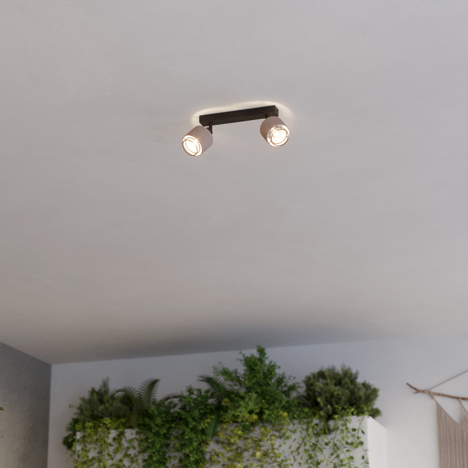 Stropní bodové svítidlo Rosley, délka 31 cm, černá/přírodní, 2 světla.