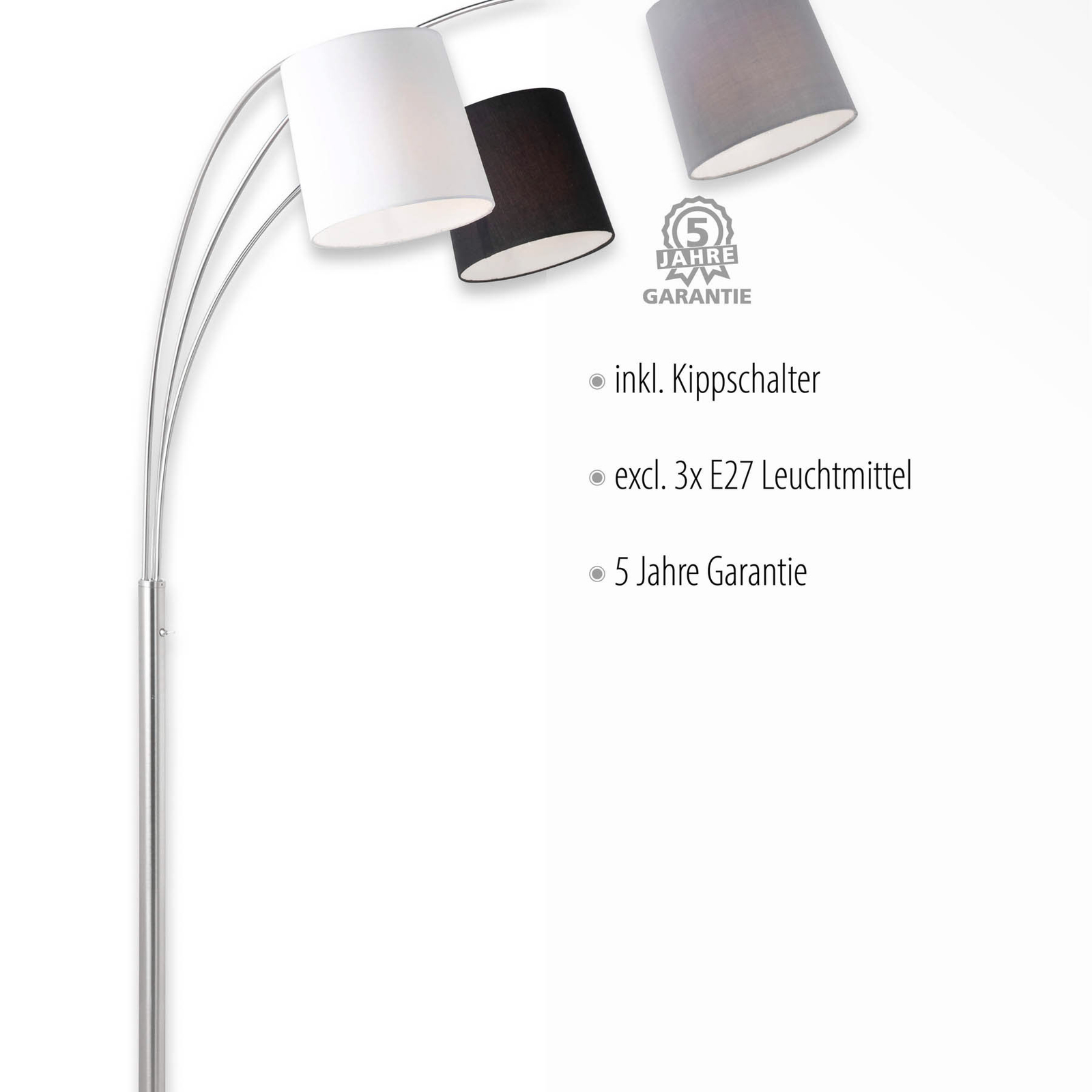 Vloerlamp Melvin, 3-lamps, zwart/grijs/wit