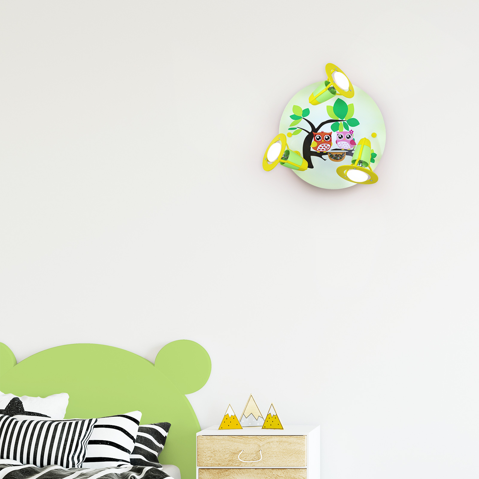 Owl ceiling light for a child’s room, green/yellow