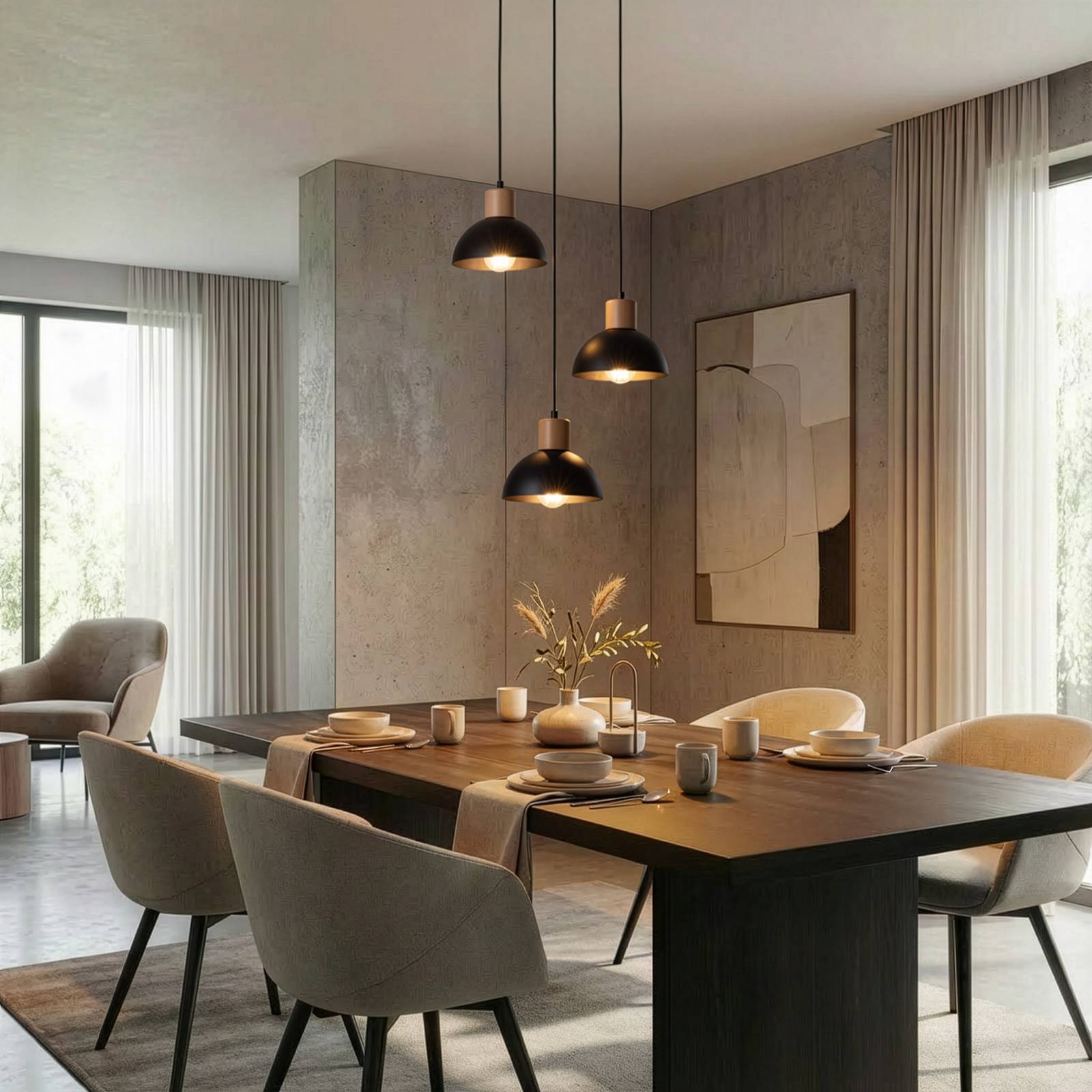 Pendellampe Seco, Ø 30 cm, schwarz, Metall/Holz, 3-flg. günstig online kaufen