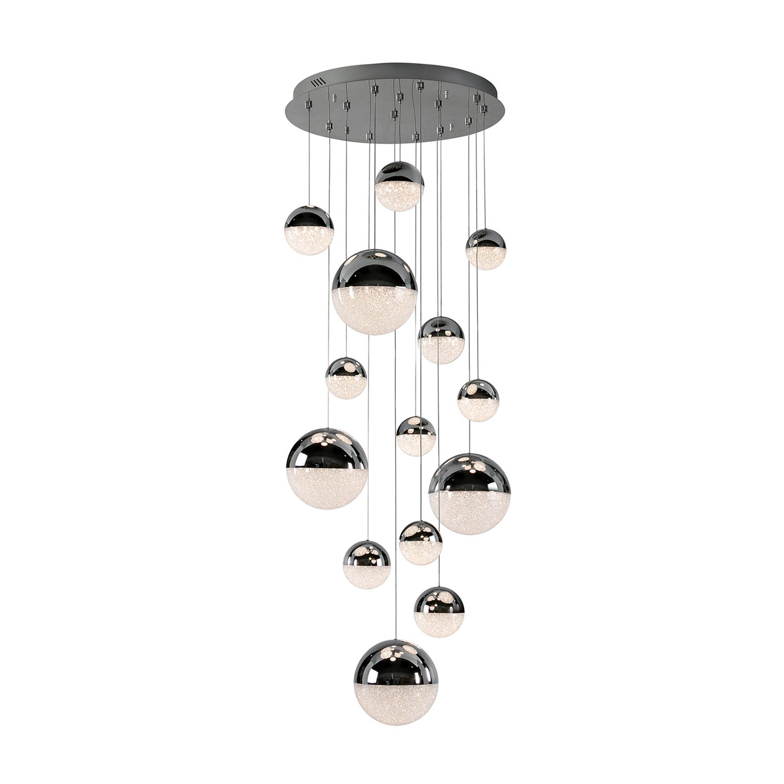 LED piekaramais gaismeklis Sphere, 14 gaismu, hroms, dimmējams, Ø 60 cm