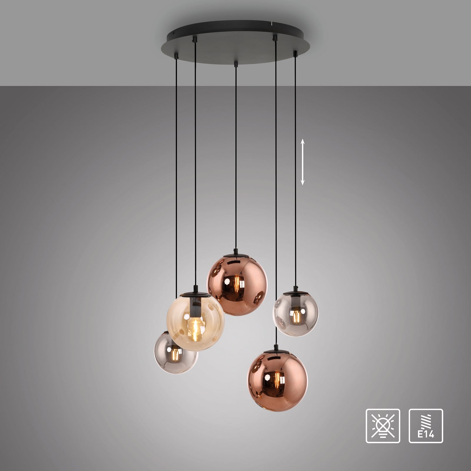 Shiny-riippuvalaisin, 5-lamppuinen, pyöreä, monivärinen, lasi, E14