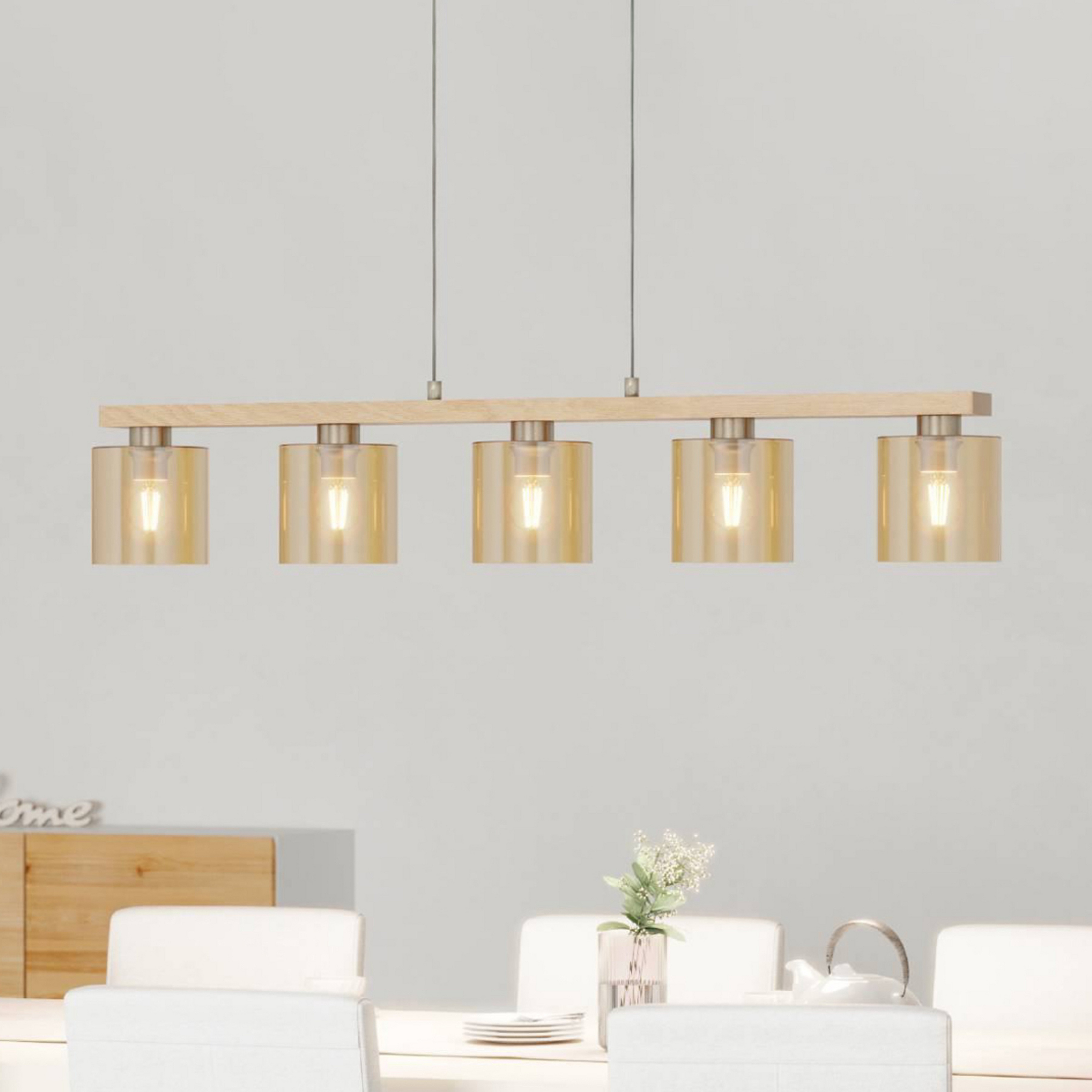 Suspension Castralvo, longueur 115 cm, bois/ambre, 5 lampes, verre