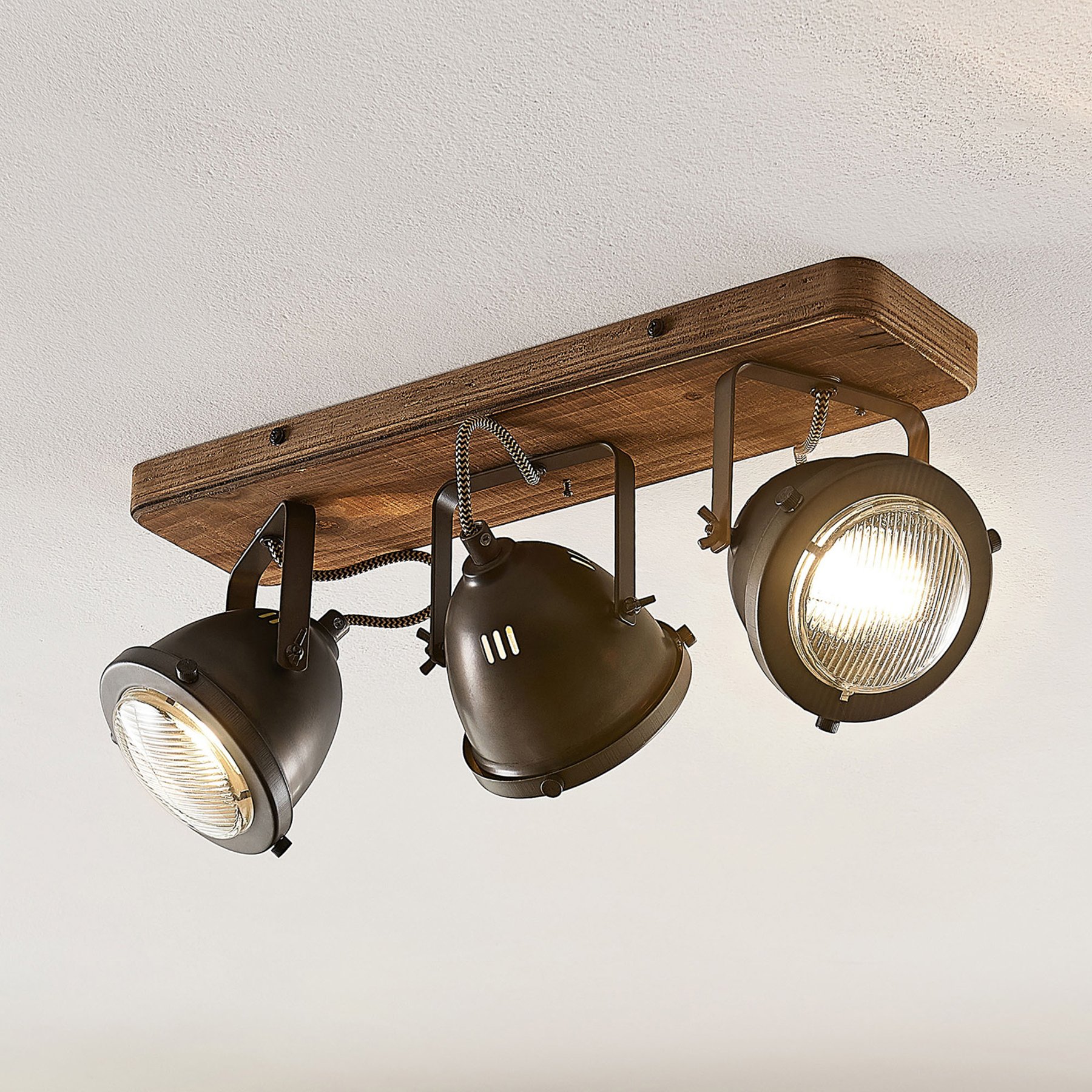 Lindby Shila headlamp ceiling light, three-bulb, for Living / Dining Room, metal, glass, plywood, GU10, 25 W, energy efficiency: A++, L: 43 cm, W: 11 cm, H: 17.5 cm