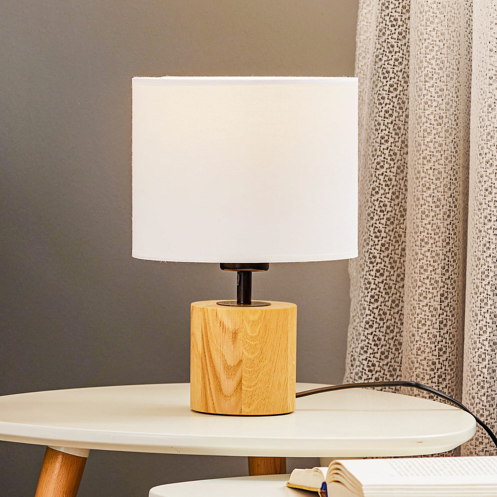 Lampada tavolo Tidas rovere oliato Ø 20 cm, bianco