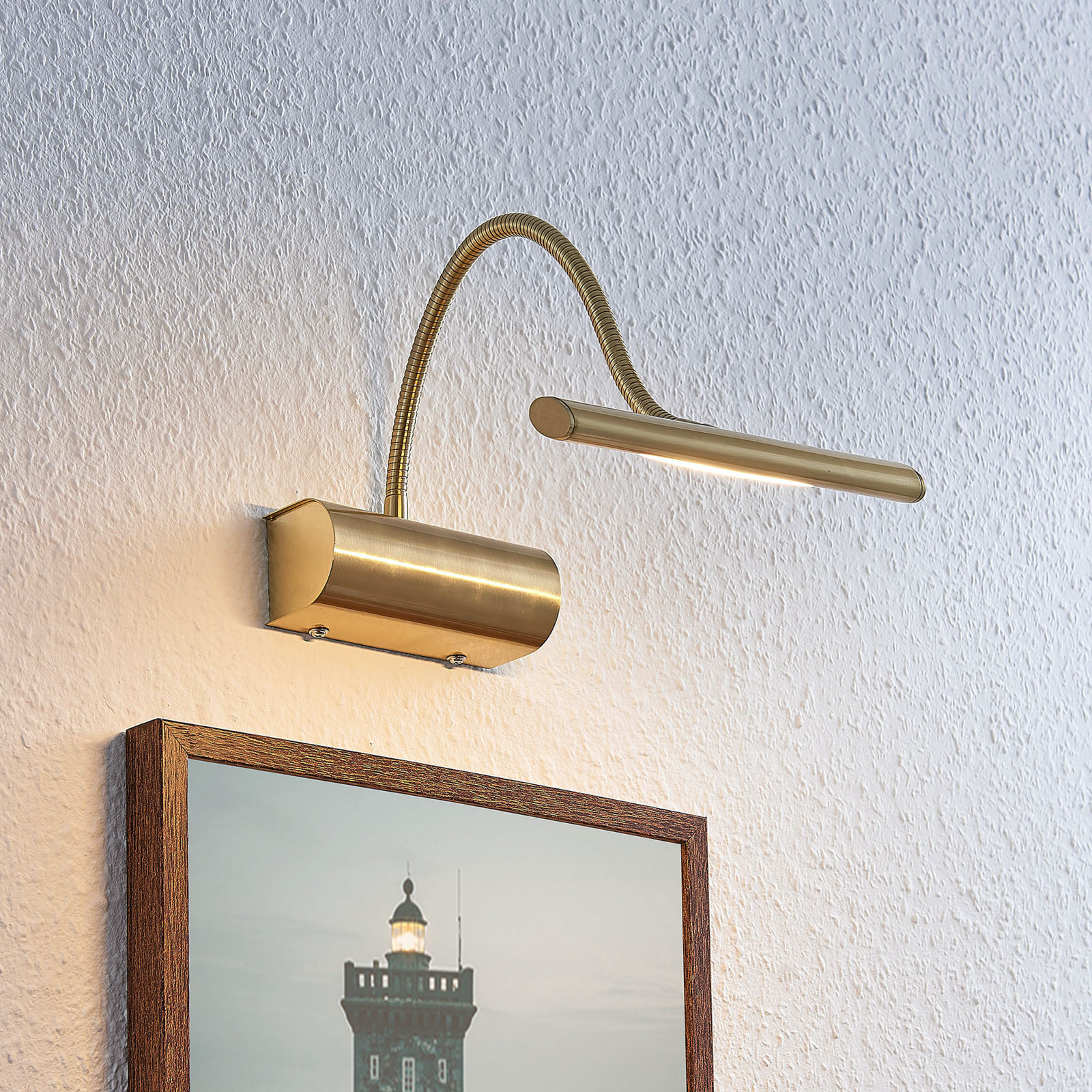 LED attēla lampa Rakel ar elastīgu roku, matēts misiņš