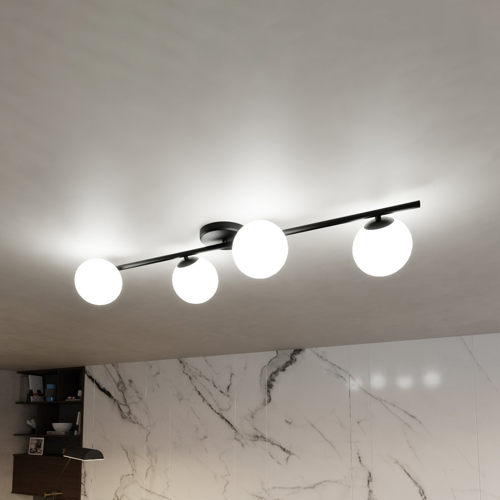 Glassy ceiling light, 4-bulb, linear, black/opal