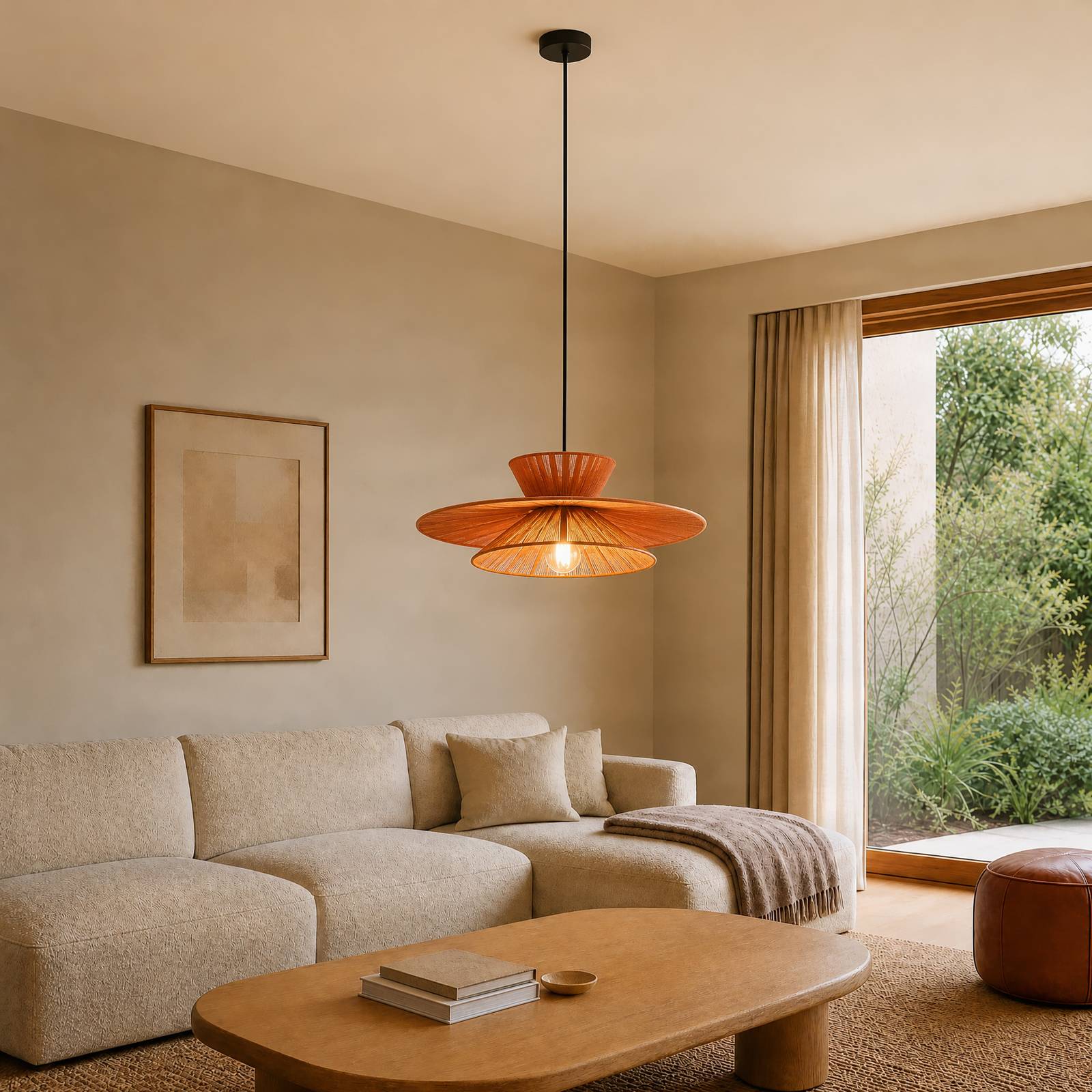 Lucande hanglamp Novie, bruin, katoen, Ø 50 cm