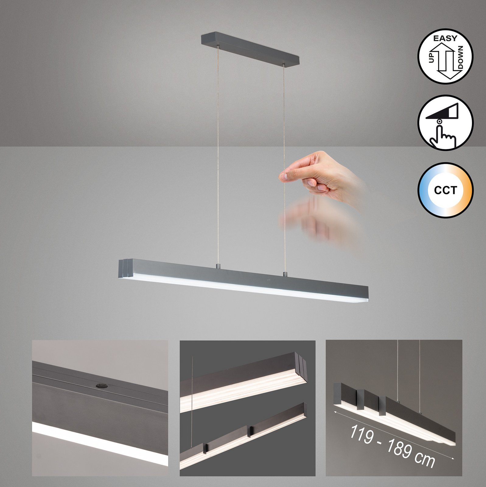 Lámpara colgante LED Vayana, gris, longitud 189 cm, regulador táctil CCT