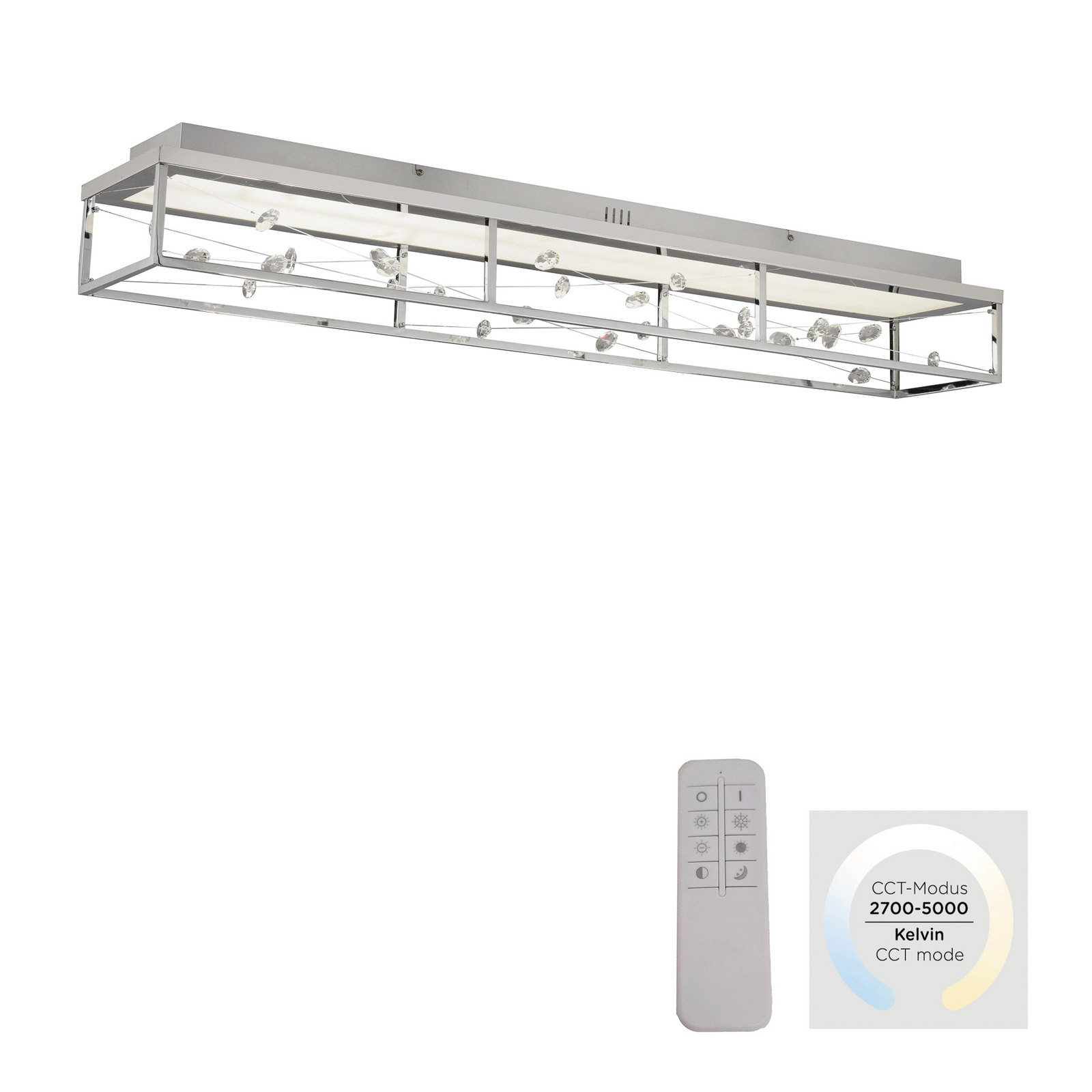 LED lubų šviestuvas „SKINA“, chromas, 112 cm, CCT, reguliuojamas nuotolinio