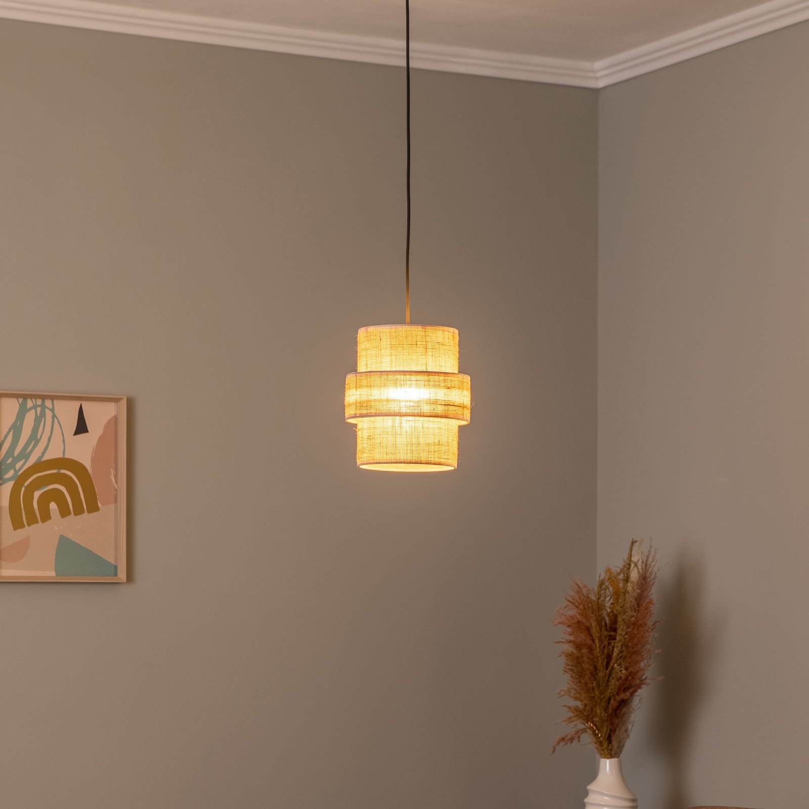 TK Lighting Suspensie Calisto iută maro natural un singur bec Ø 20 cm - Camera de zi / sufragerie - maro natural negru - Țesătură / Textil