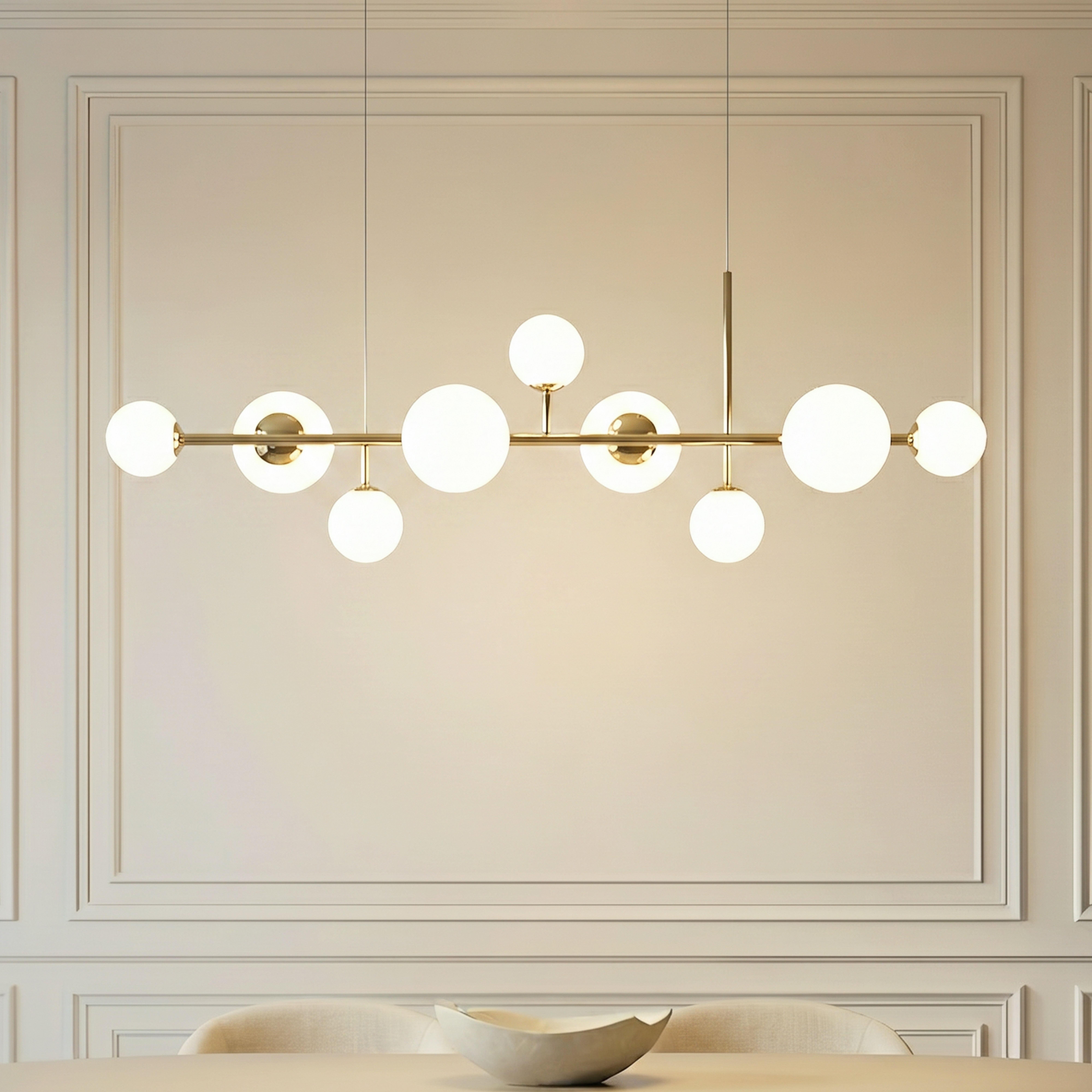Suspension Dione, opale/doré, à 9 lampes - ALDEX