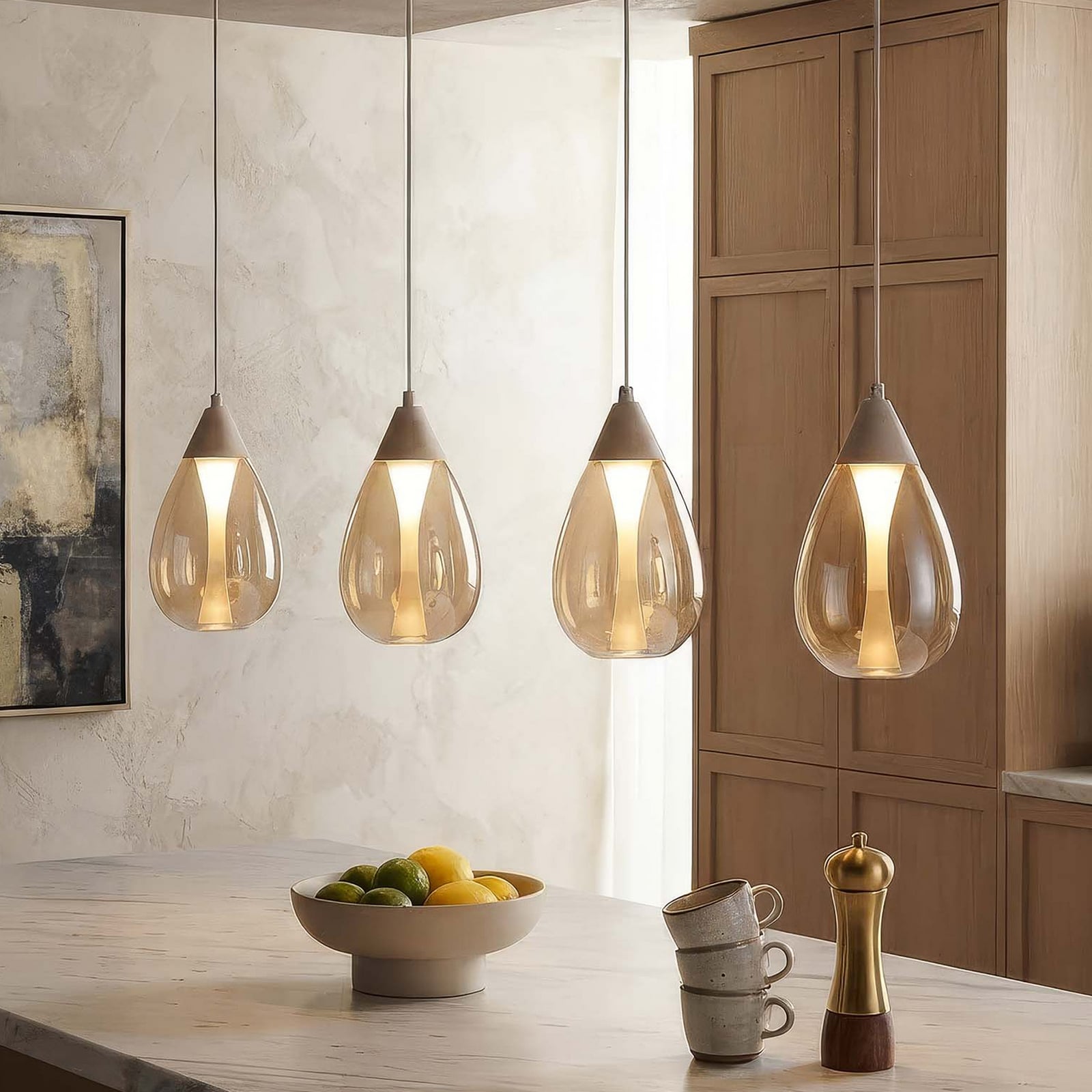 LED-Hängelampe Pear, 4-fl. lang, beige, Glas amber, 3.000 K