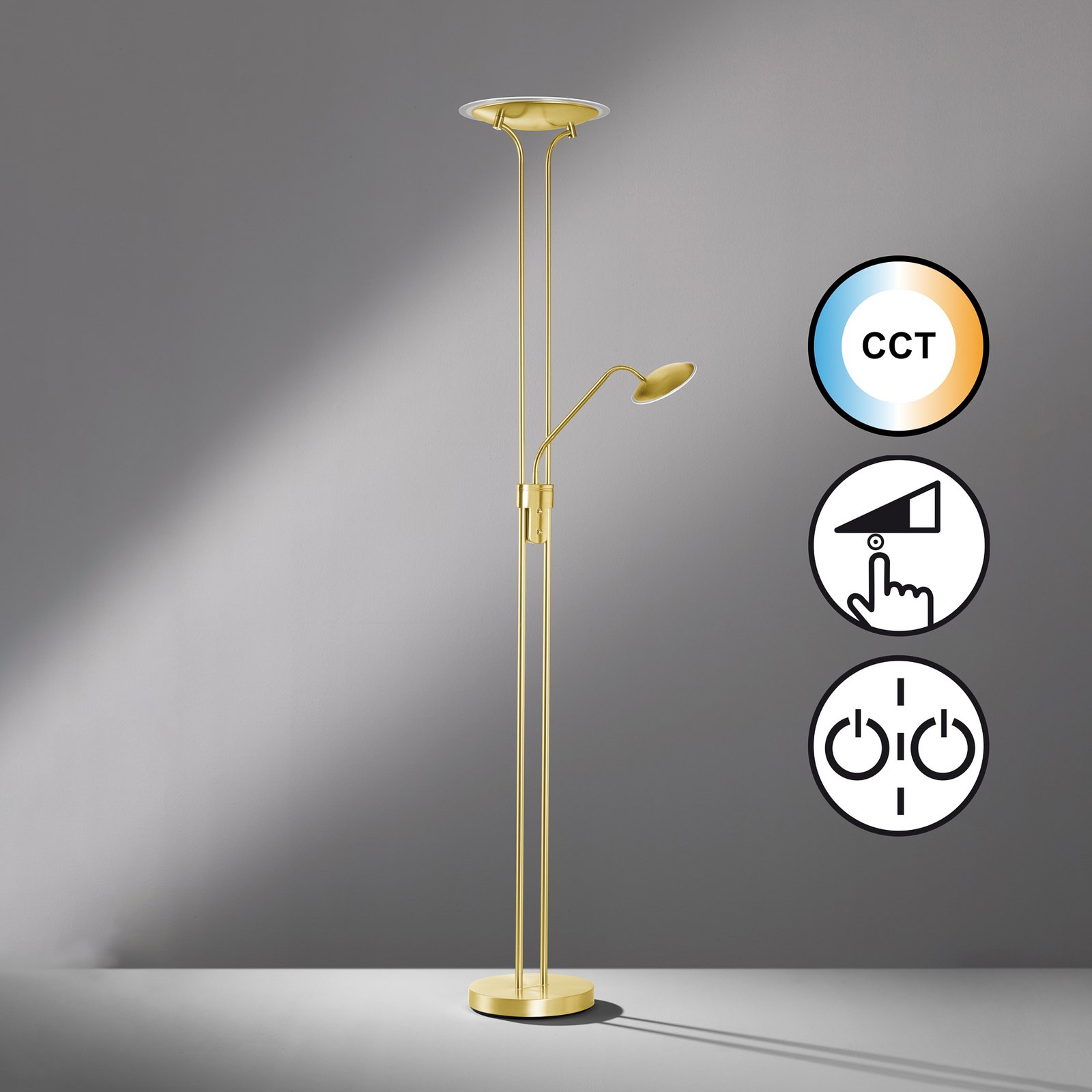 Tallri brass LED floor lamp, height 180 cm, 2-bulb, CCT touch dimmer