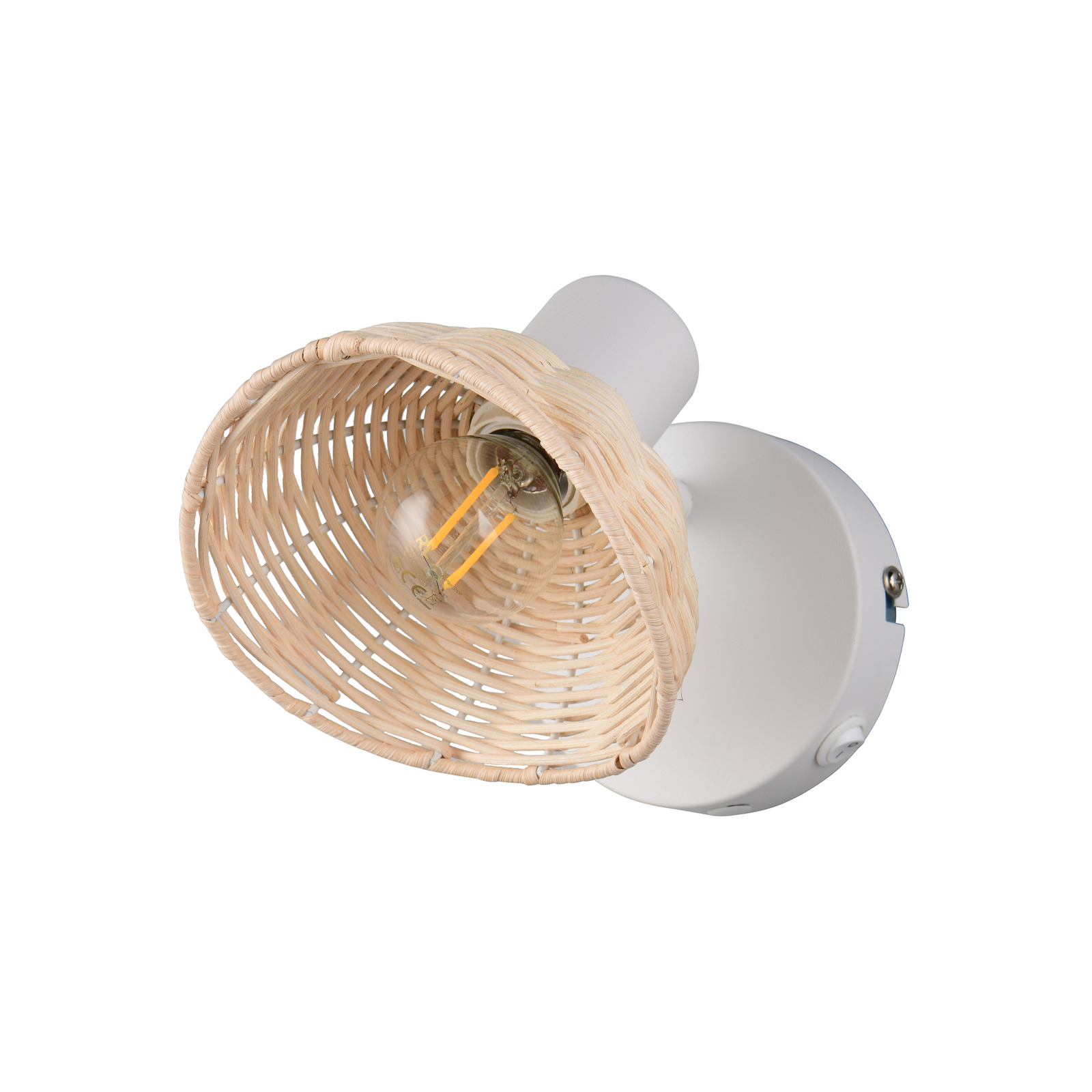 Aplică de perete Calvi, albă, ratan natural, Ø 13 cm, întrerupător