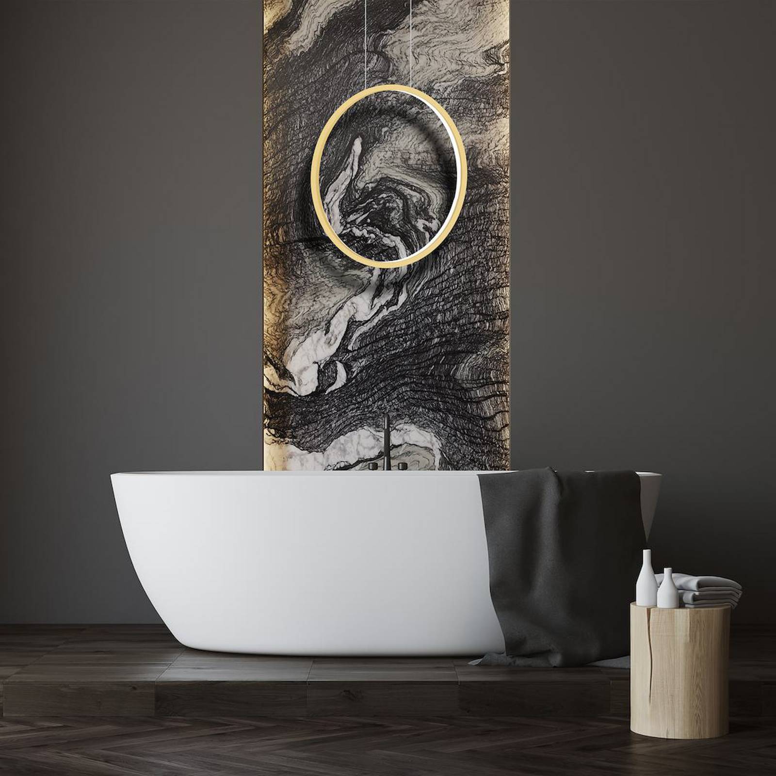 Żyrandol LED Saturno pionowy, złoty, Ø 50 cm, metal