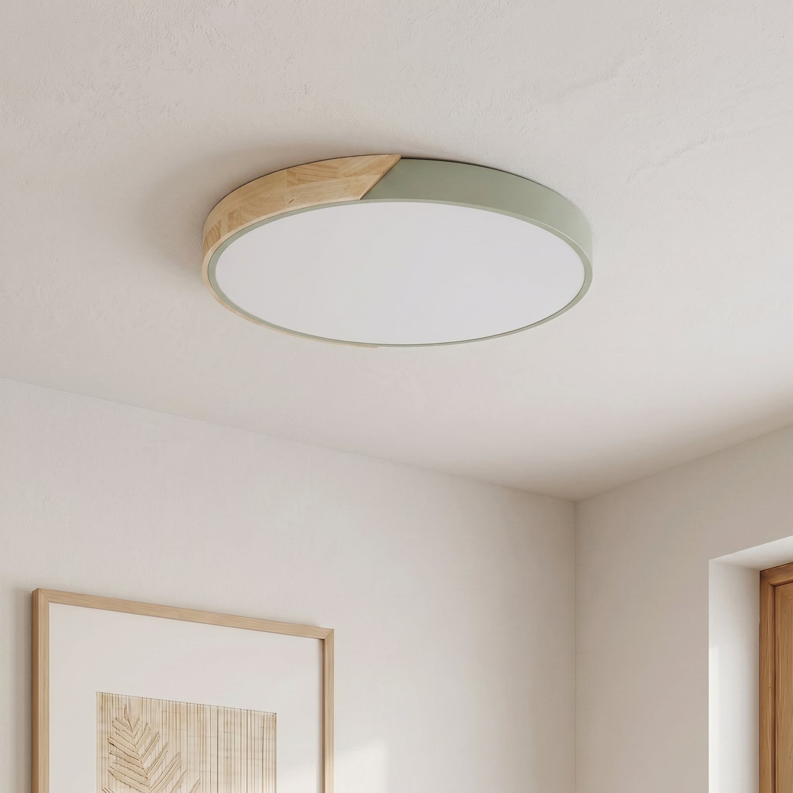 Plafón LED Lynorri de PRIOS, Ø 52 cm, verde, acabado en madera Plafón LED Lynorri de PRIOS, Ø 52 cm, verde, acabado en madera