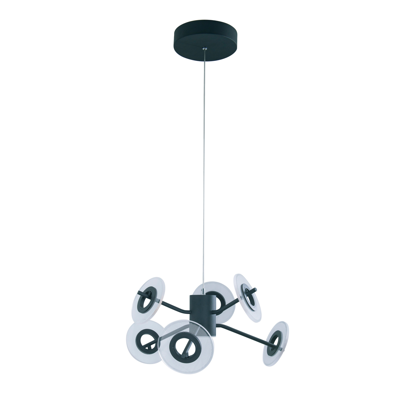 Discus LED pendant light in black, six-bulb