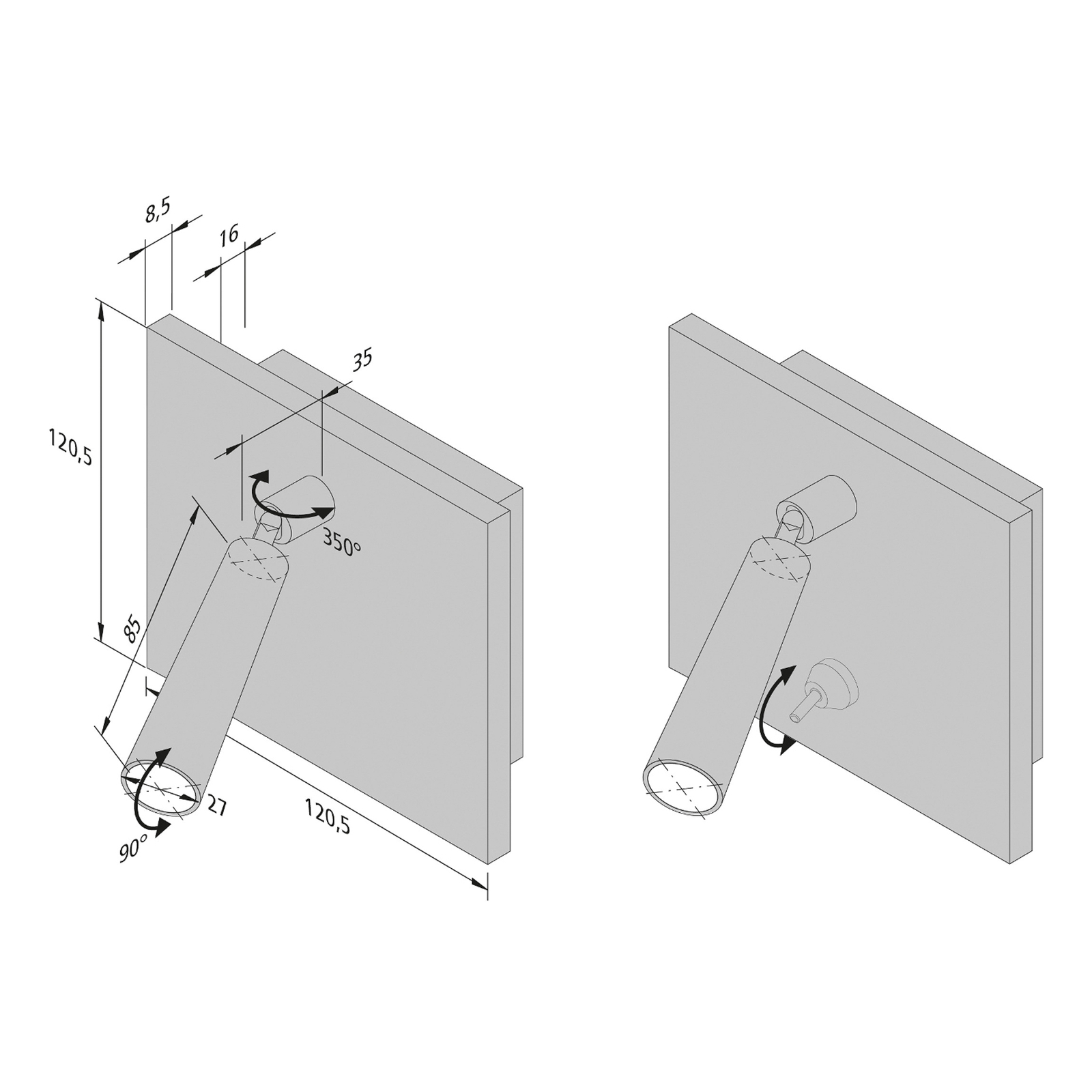 Leseleuchte BL1-LED, Ein-/Anbau, Schalter, stahl