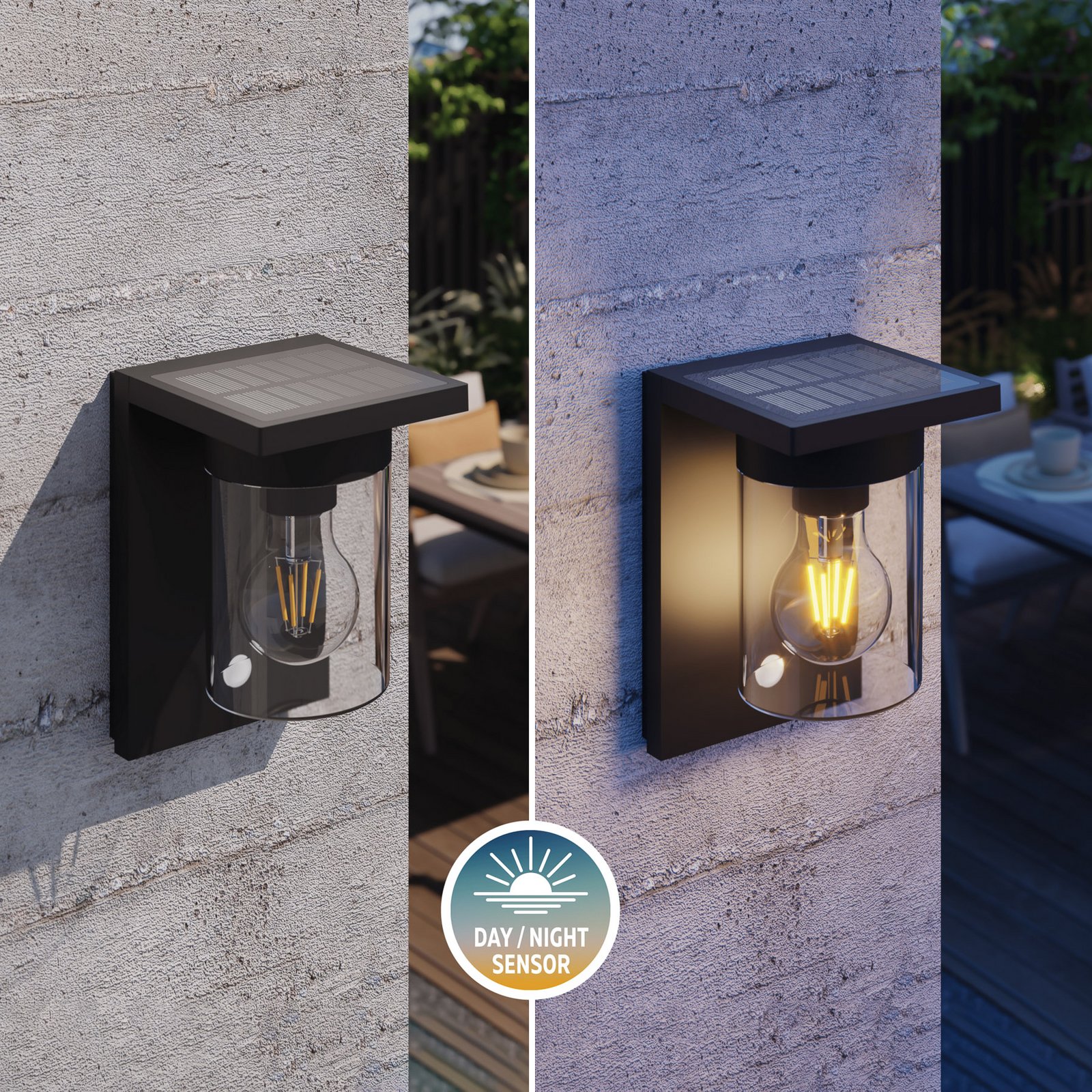 Calex Asti solar LED outdoor wall light, sensor, IP44, black