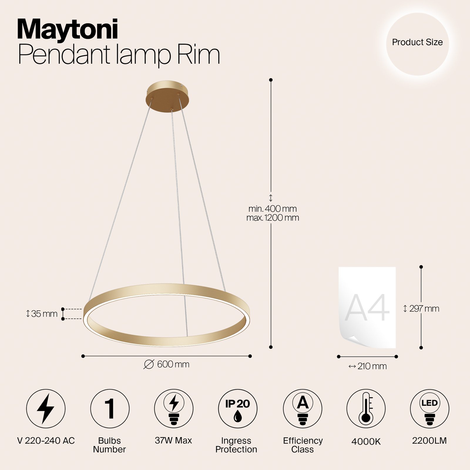 Maytoni LED závěsné svítidlo Rim 1-light mosazné barvy Ø60cm 4000K